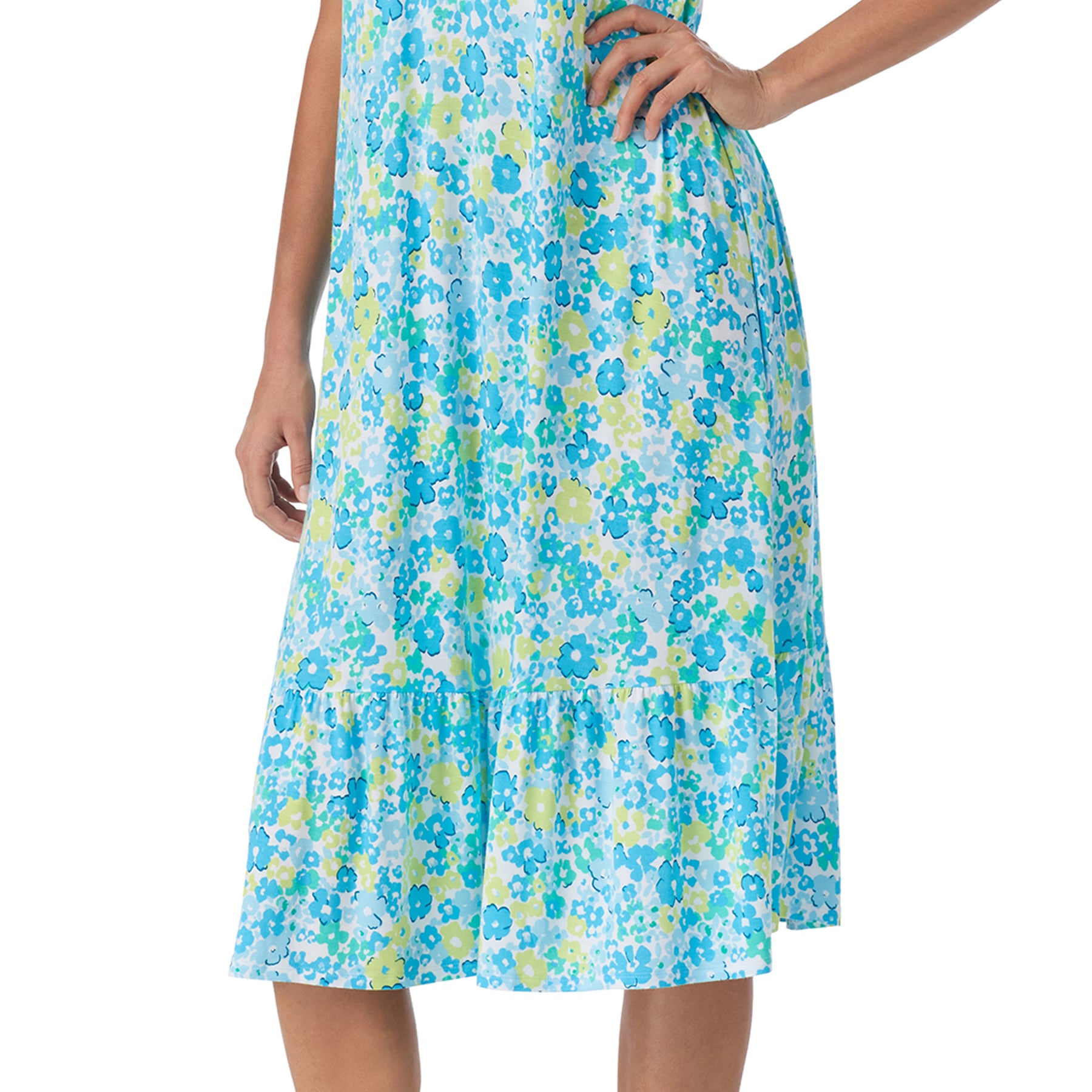 Front view of floral cotton nightdress with V-neck, cap sleeves, and tiered hem