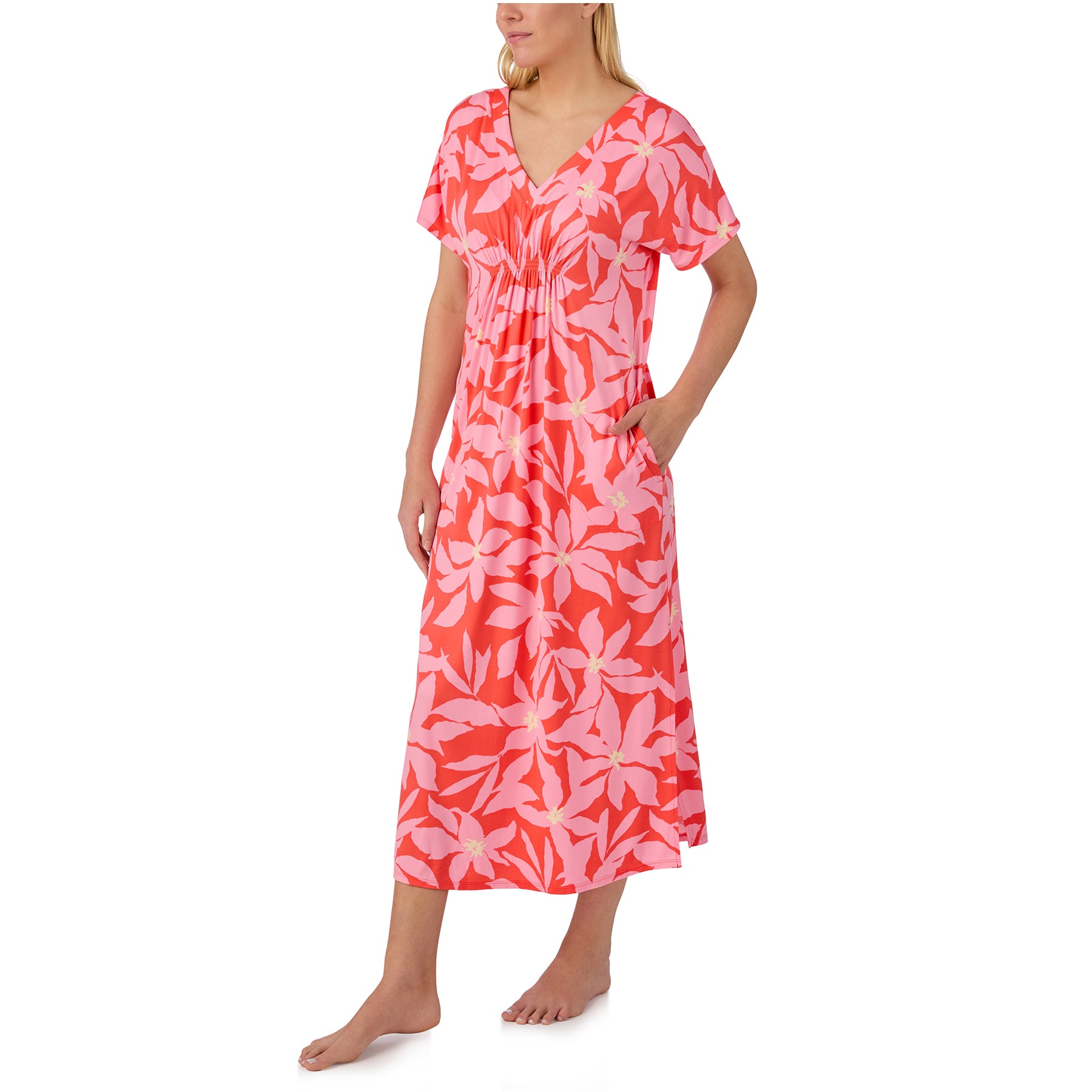 Short sleeve pink and coral floral nightgown with lightweight fabric, side pockets, and comfortable drape