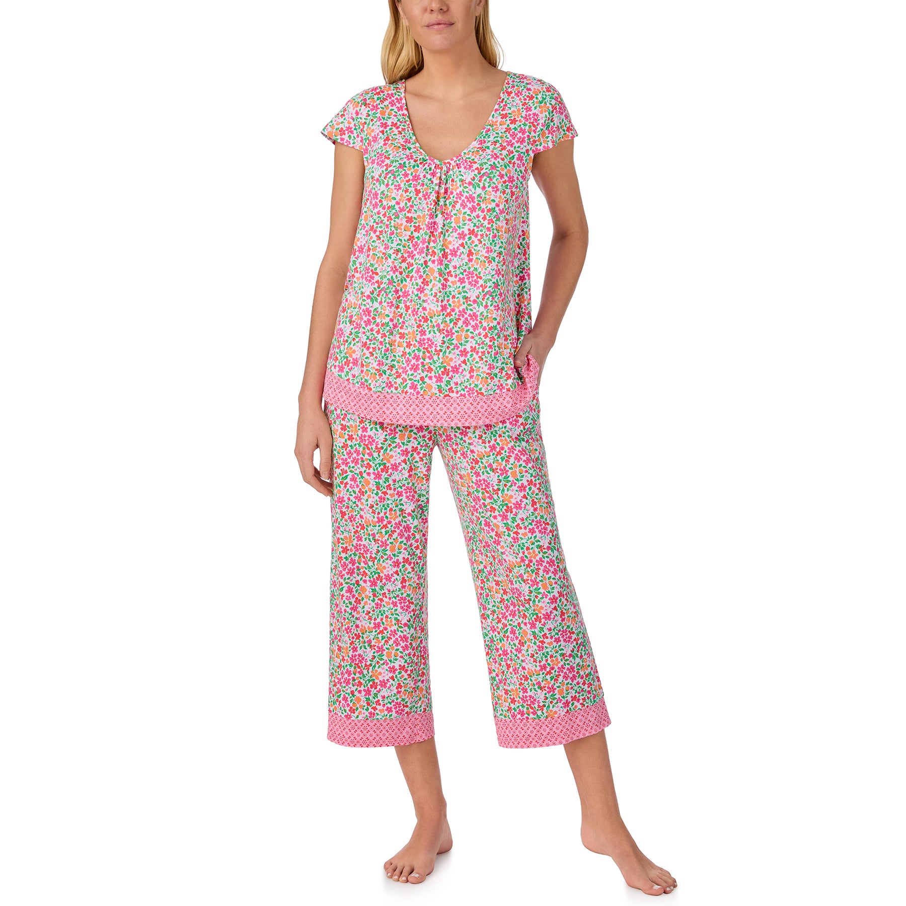 Ellen Tracy floral pajama set featuring a short-sleeve pink floral top with decorative border trim and matching cropped pajama pants.