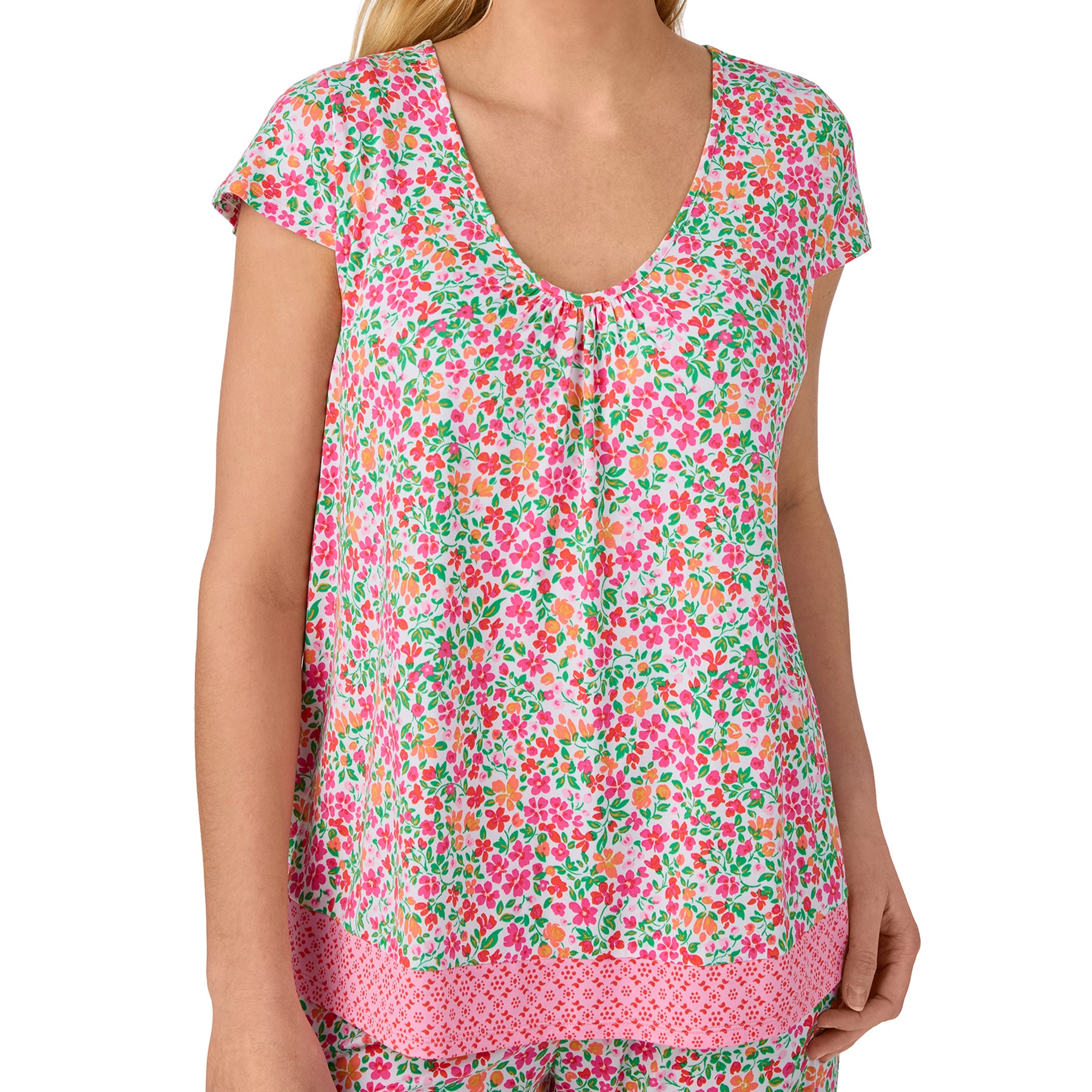 Close-up of Ellen Tracy floral pajama top with vibrant pink and coral floral print, scoop neckline, and contrast border hem.
