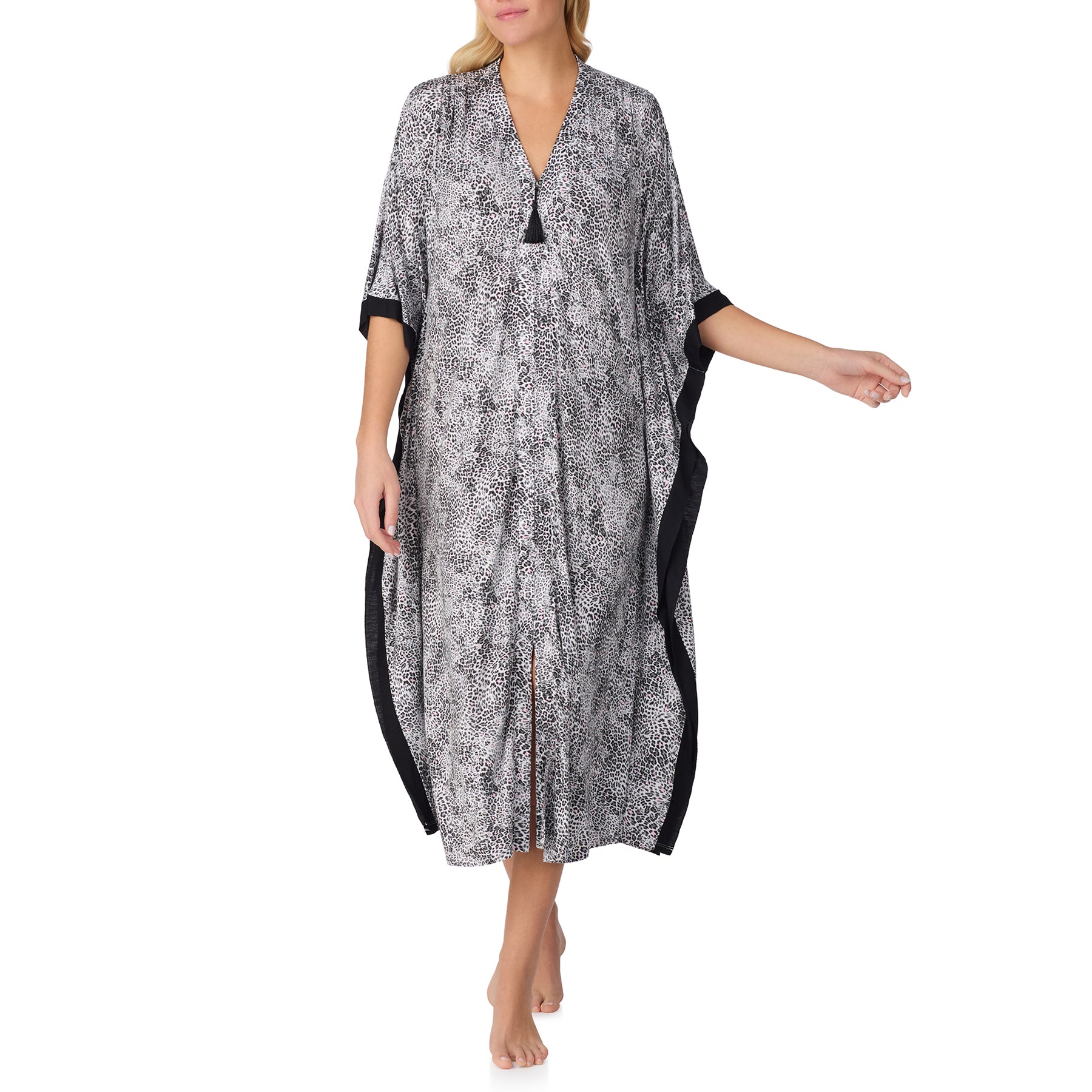 Women’s leopard print kaftan dress with V-neck and tassel detail, front view