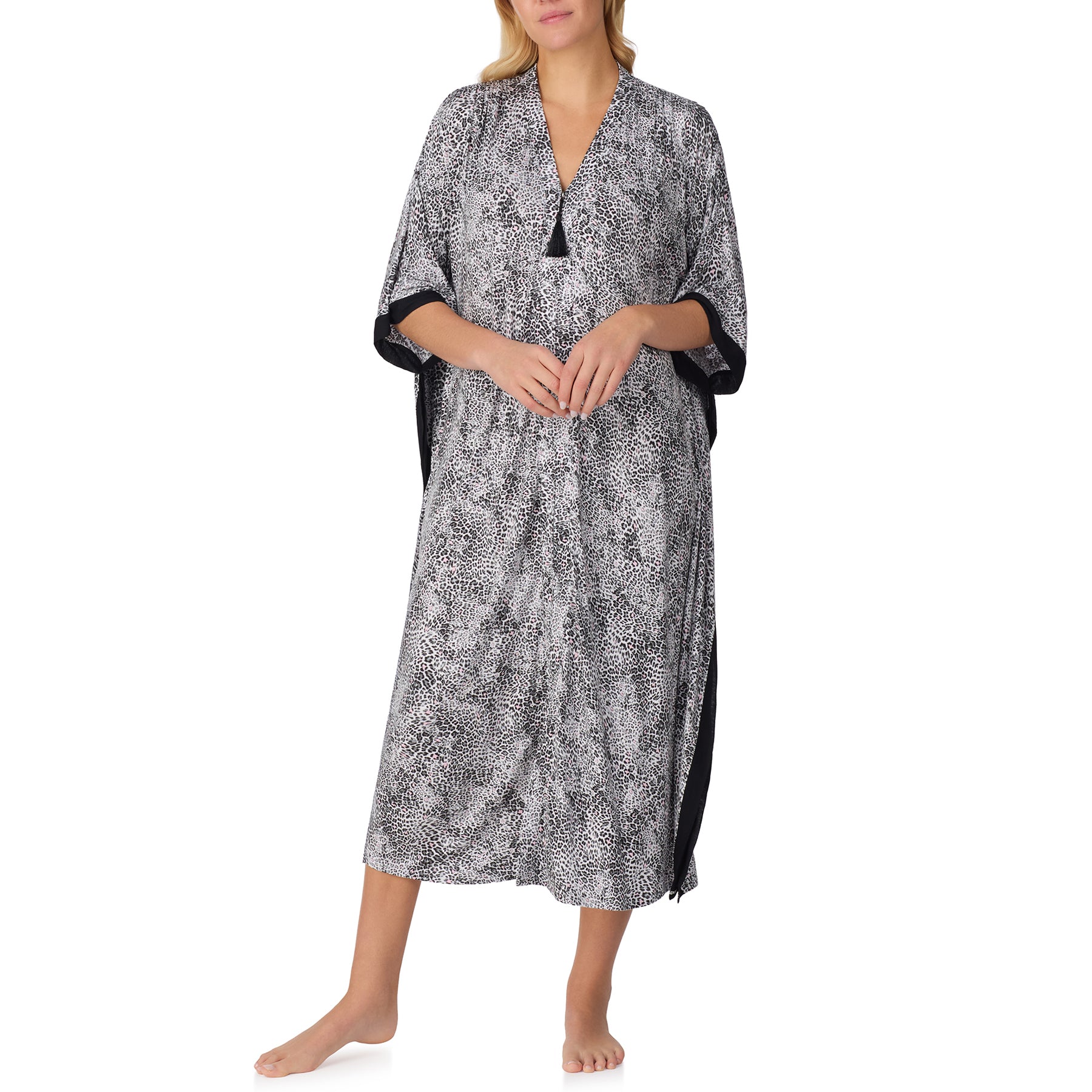 Lightweight animal print lounge dress with loose silhouette and side slit for ease of movement