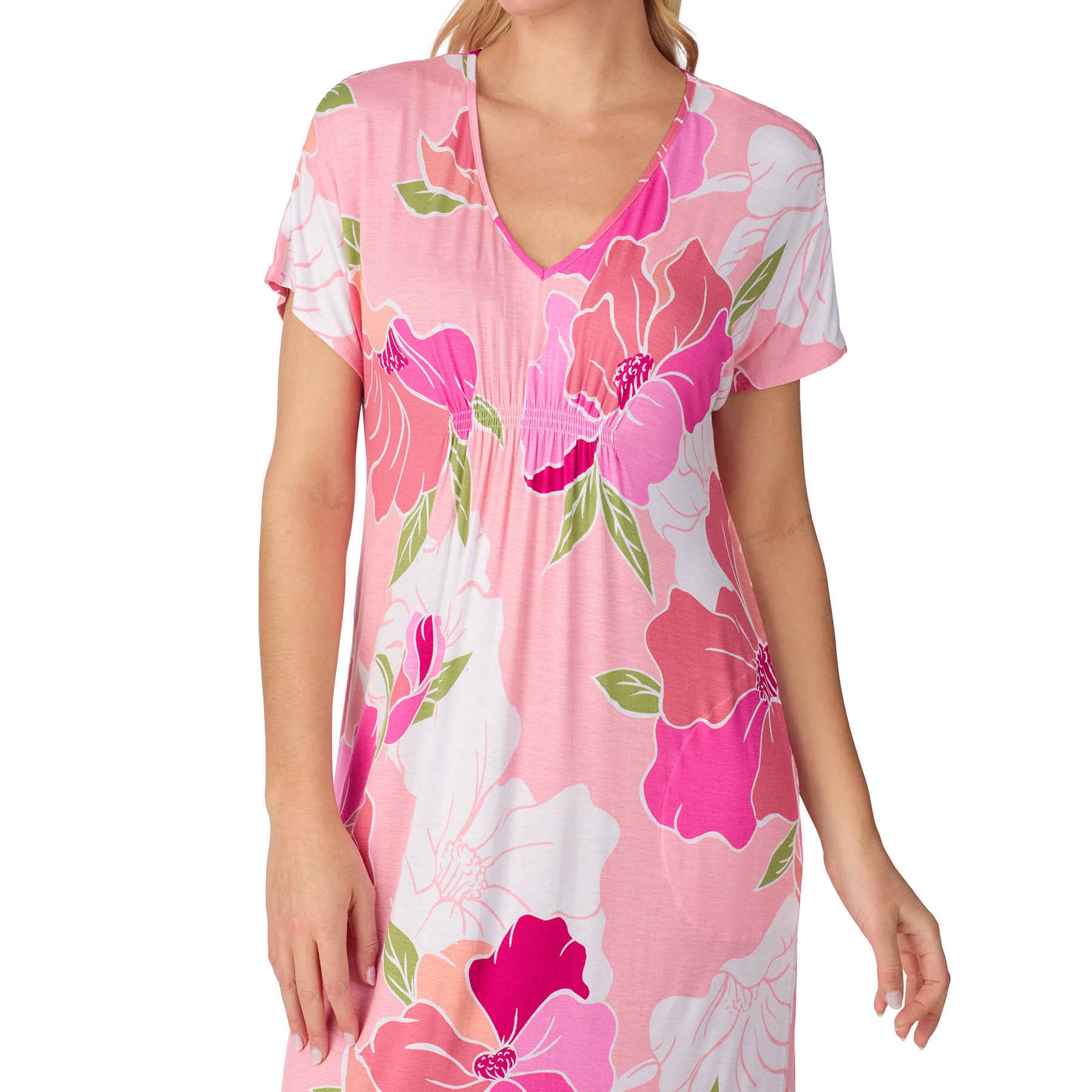 Close-up of a pink floral maxi nightdress highlighting the V-neckline and softly gathered under-bust detail.