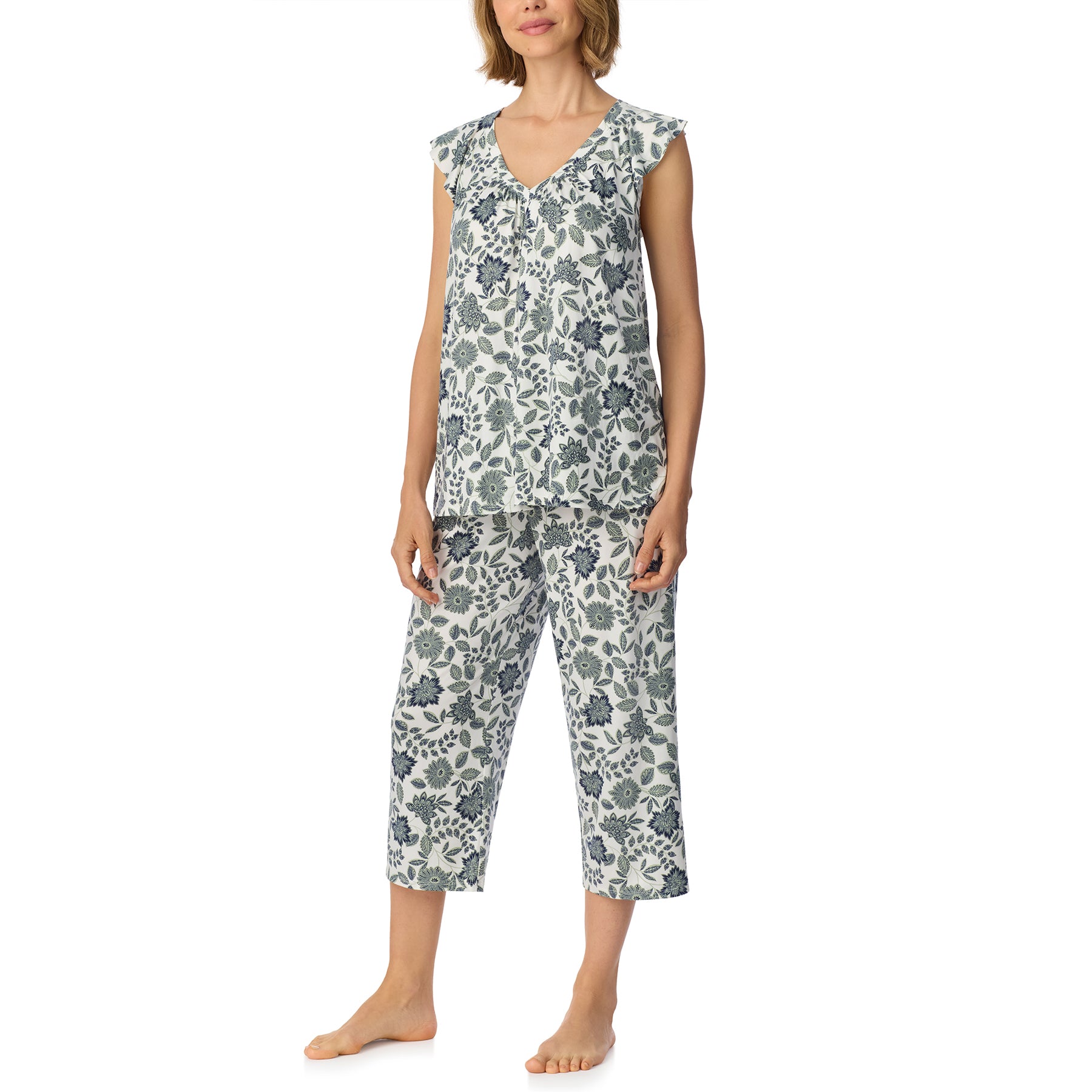 Women's two-piece pajama set with a blue floral print on a white background, featuring a flutter-sleeve V-neck top and coordinating cropped pants.