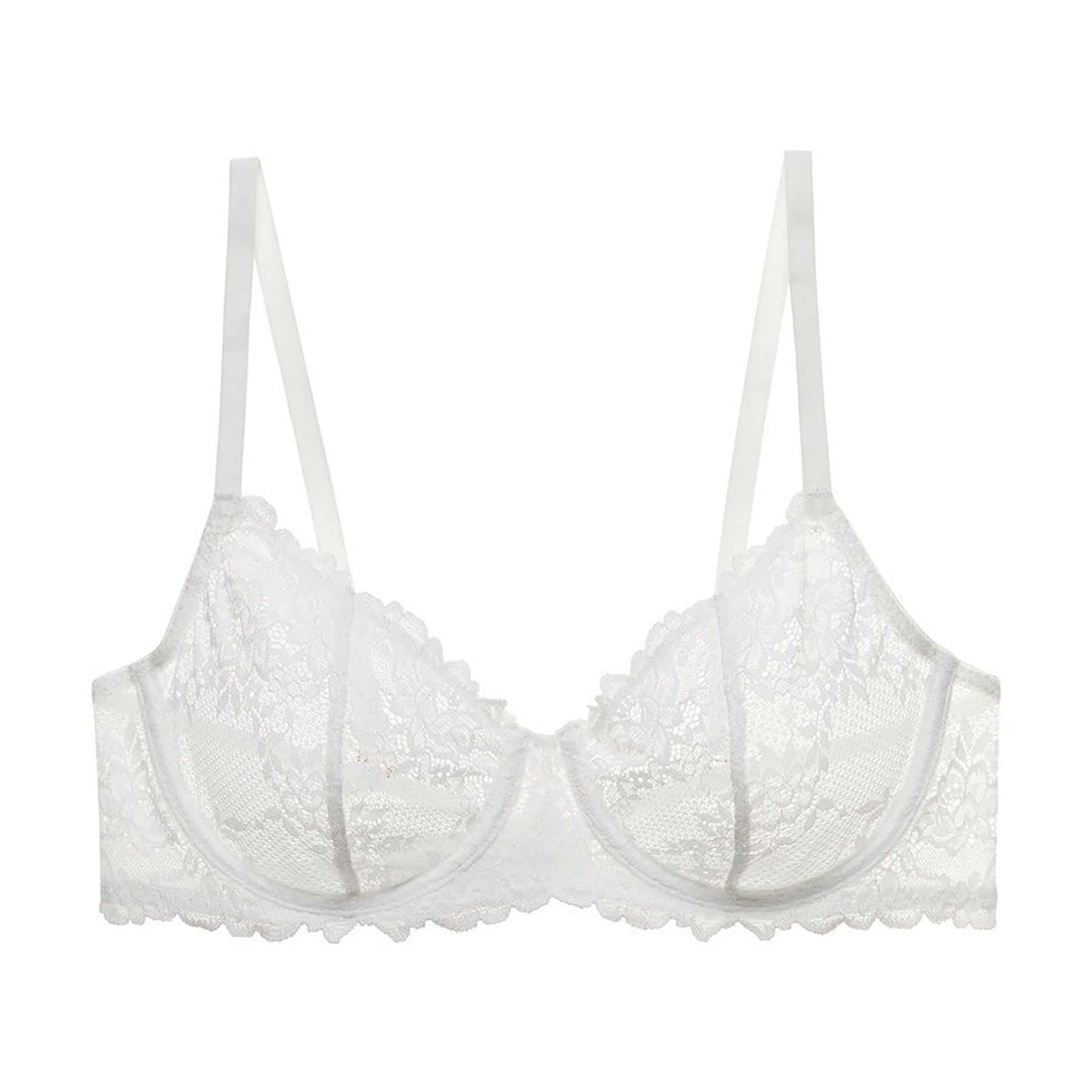 Natori white lace demi balconette bra. Front view without model.