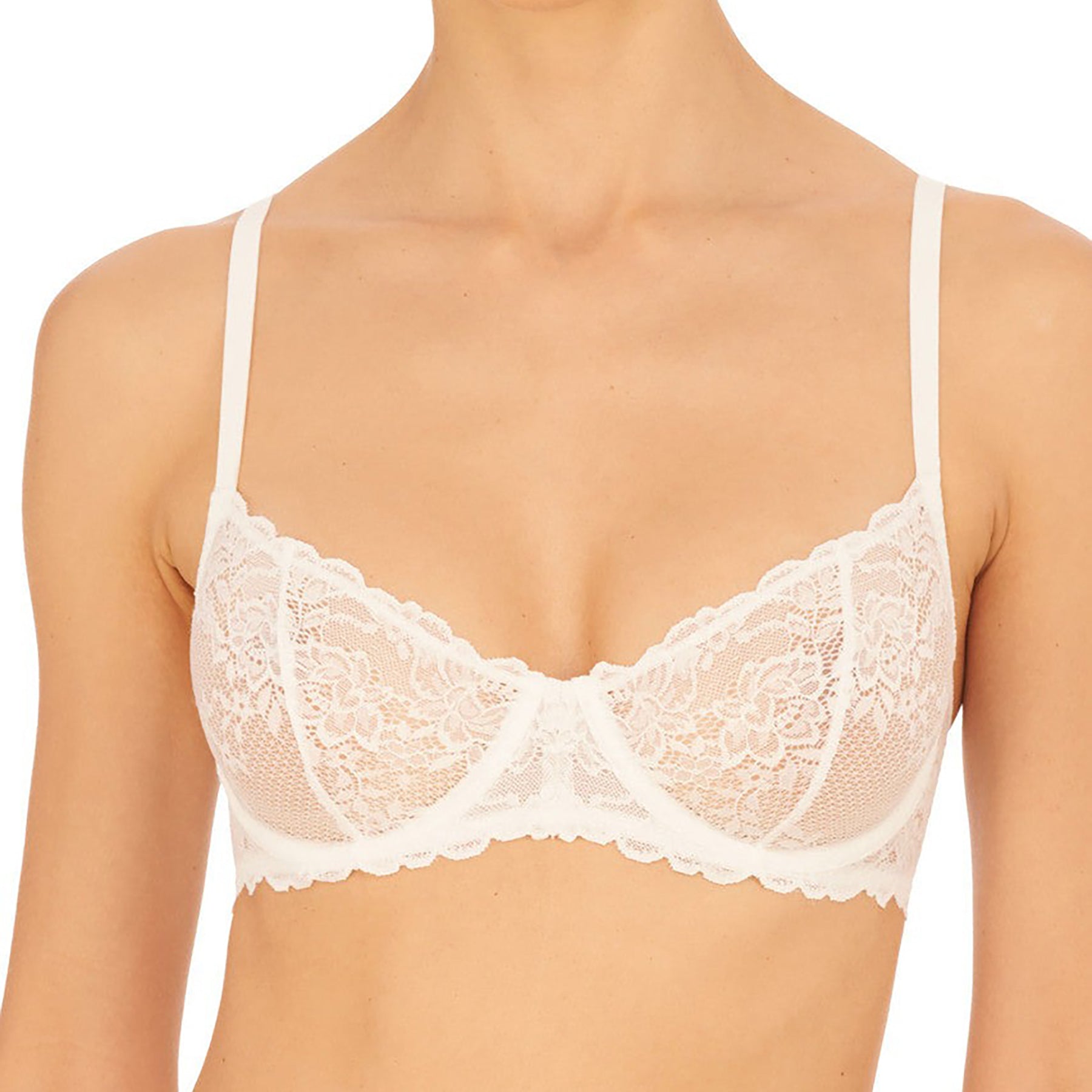 Natori white lace demi balconette bra. Front view on model.