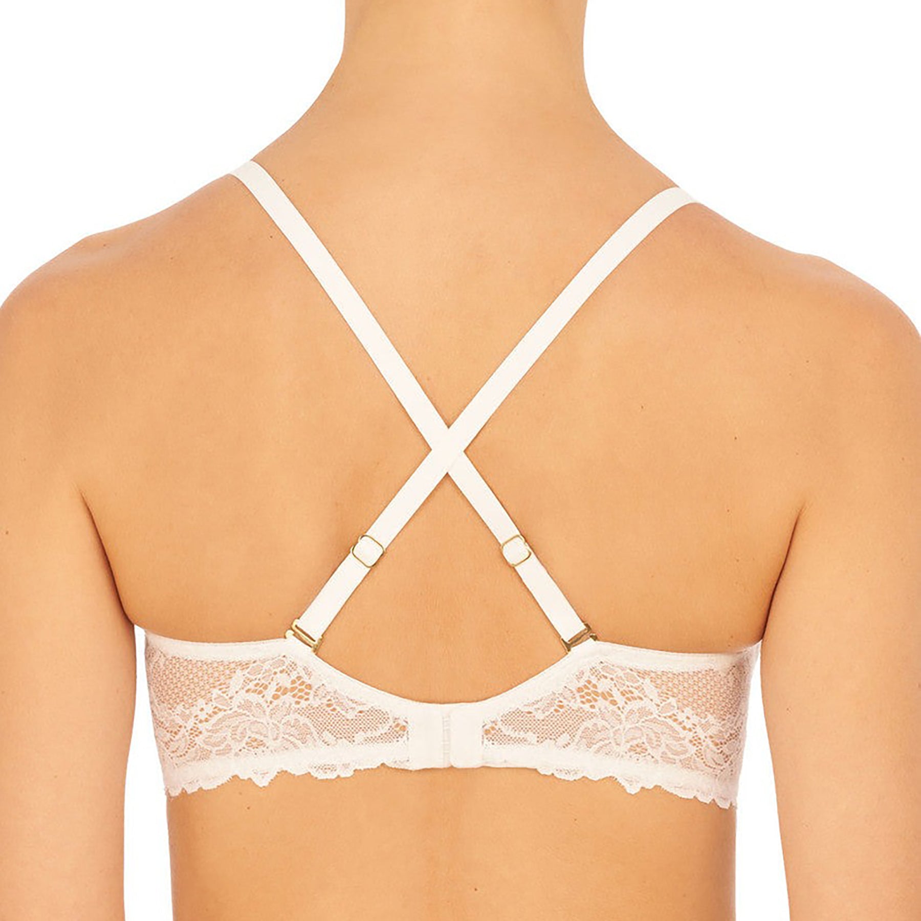 Natori white lace demi balconette bra. Rear view on model showing alternate crossed straps.