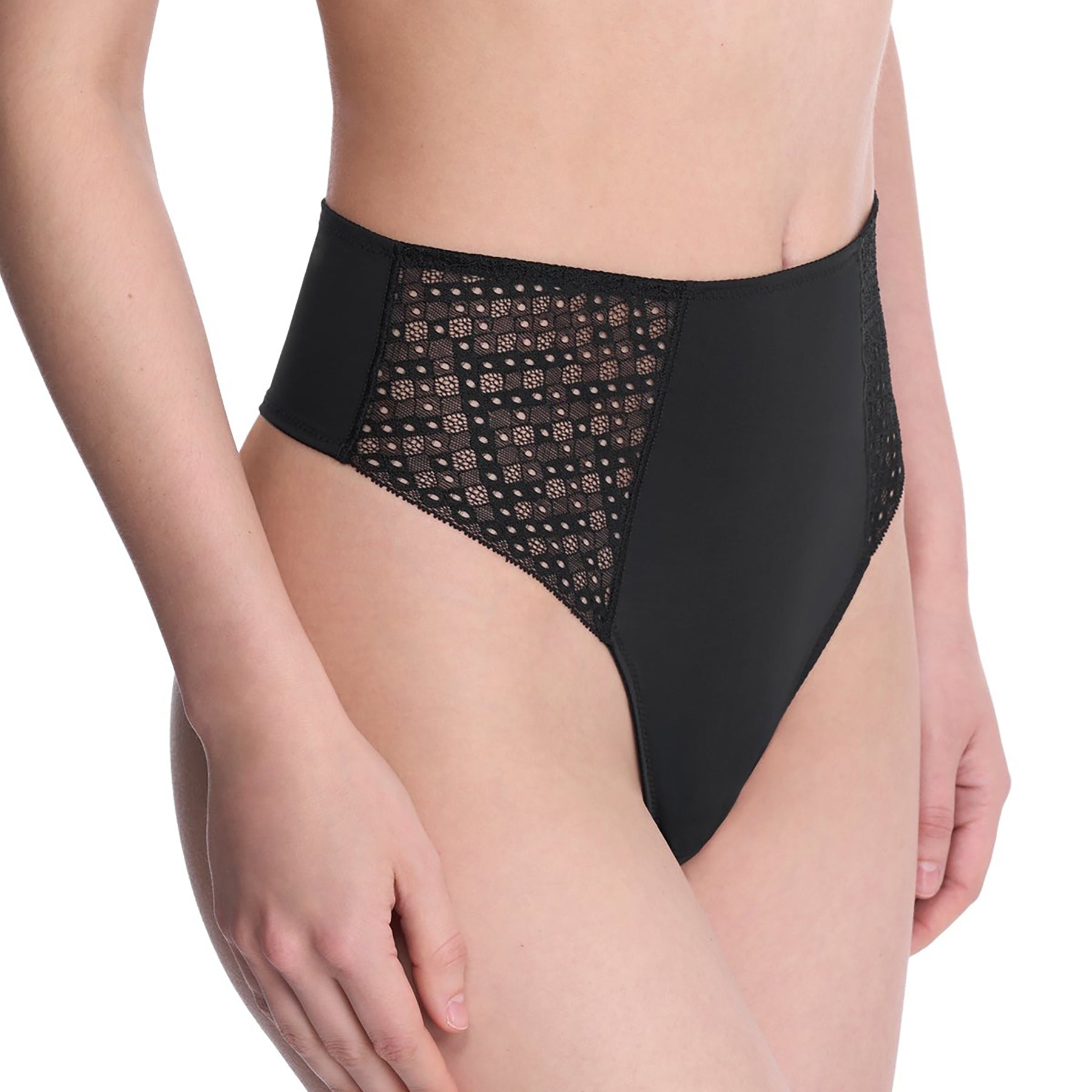 Side view of Natori Harmony High Rise Thong in Black – high-waist thong with soft stretch lace