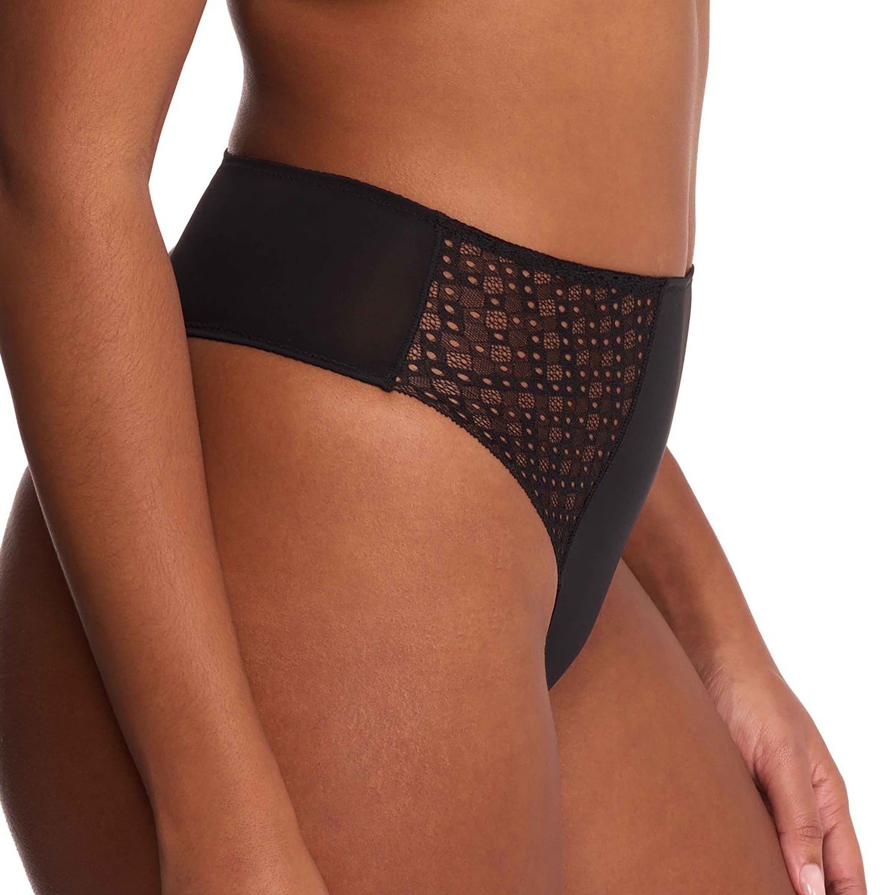 Back view of Natori Harmony High Rise Thong in Black – smooth waistband and lace side details