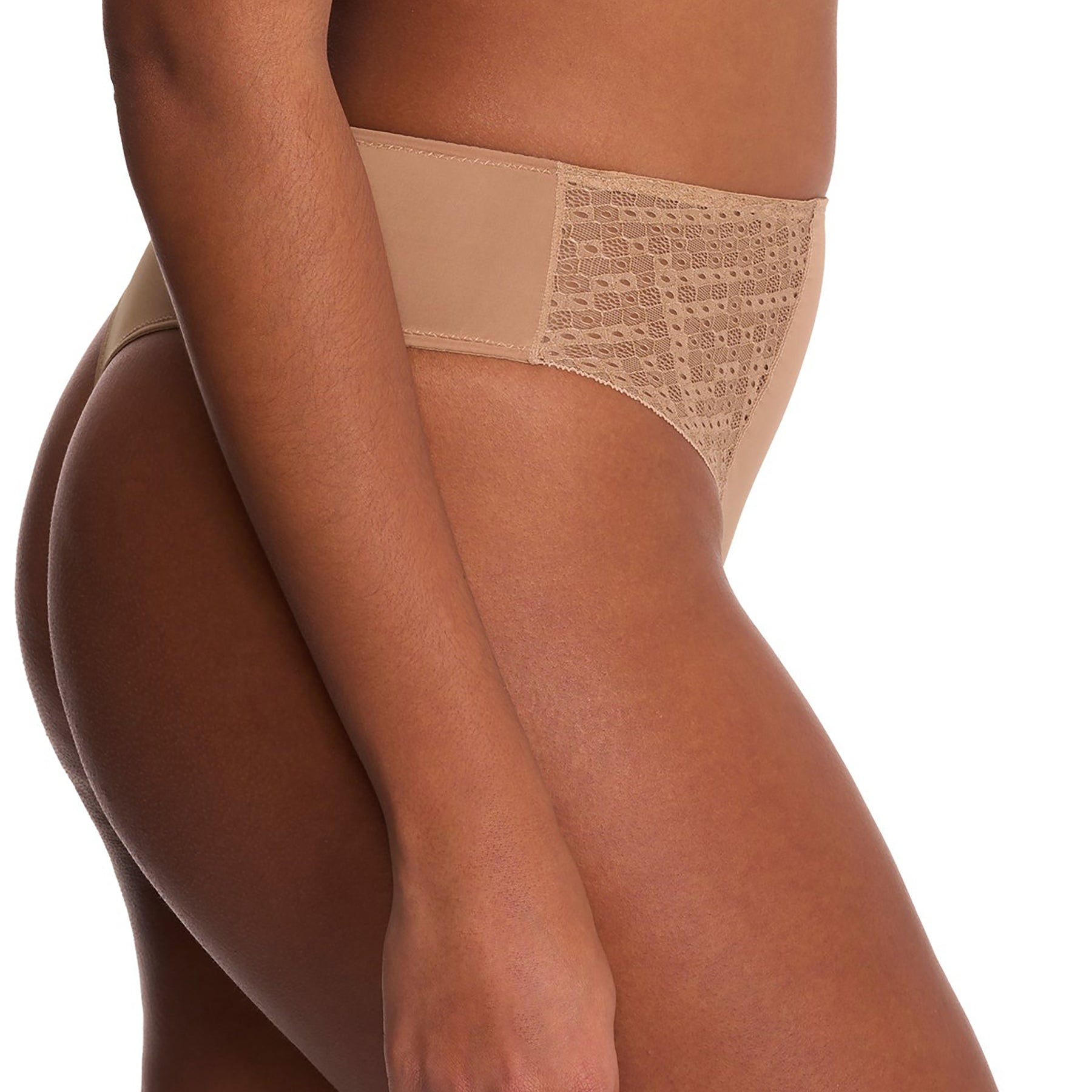 Side view of Natori Harmony High Rise Thong in Buff – high-waist thong with lace panel detailing