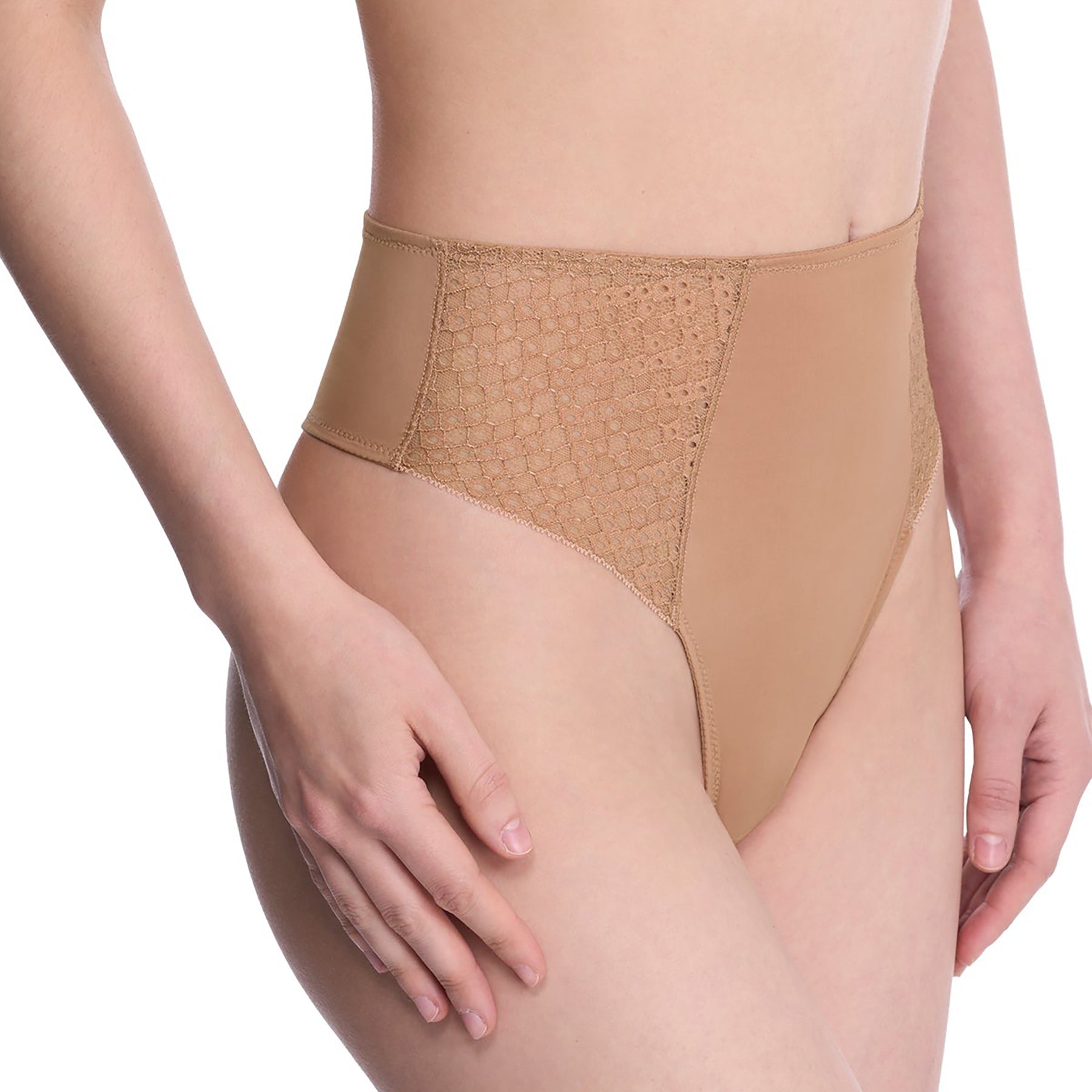 Natori Harmony High Rise Thong in Buff – angled front view showing soft lace sides and smooth shaping front
