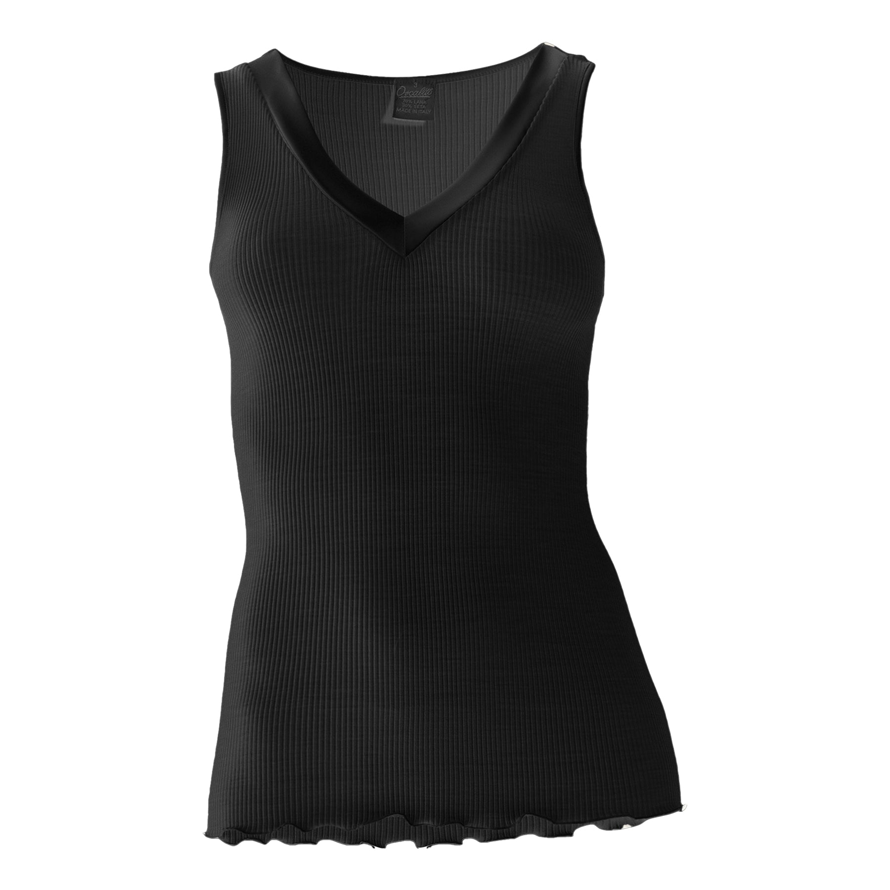 Oscalito 4247 ribbed tank top with satin V-neck trim in black (nero 020) – front view