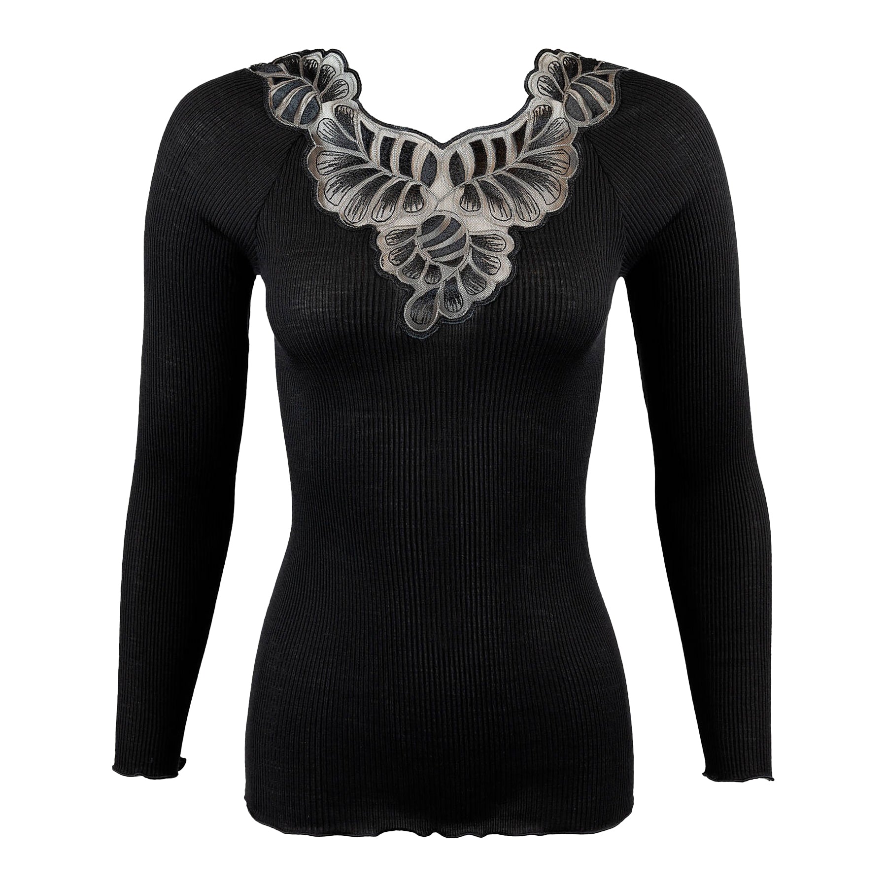 Oscalito 7618 long sleeve ribbed top with embroidered tulle V-neck in black (nero 020) – front view