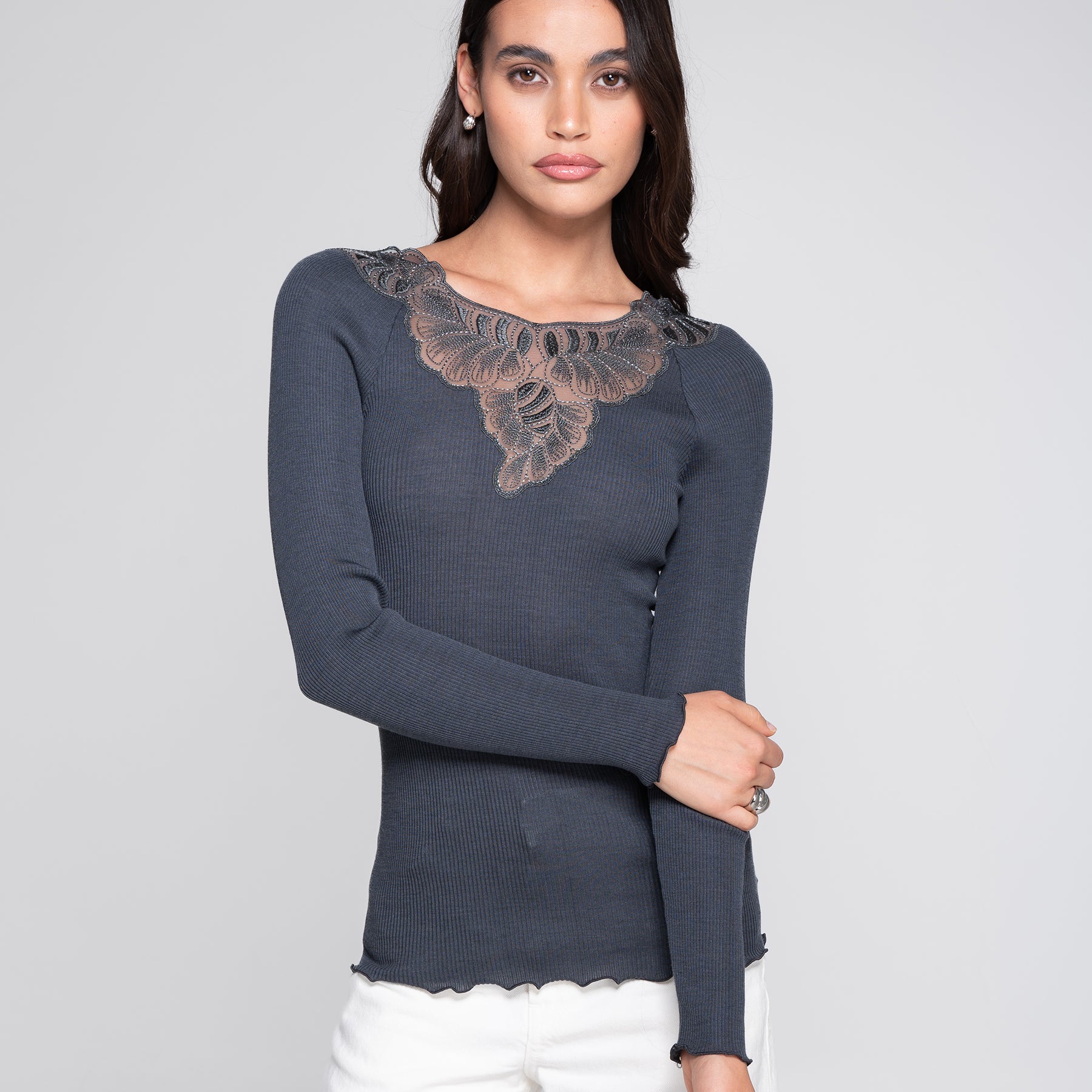 Oscalito 7618 long sleeve ribbed wool silk top in tempesta (257) with sheer embroidered neckline – on model front view