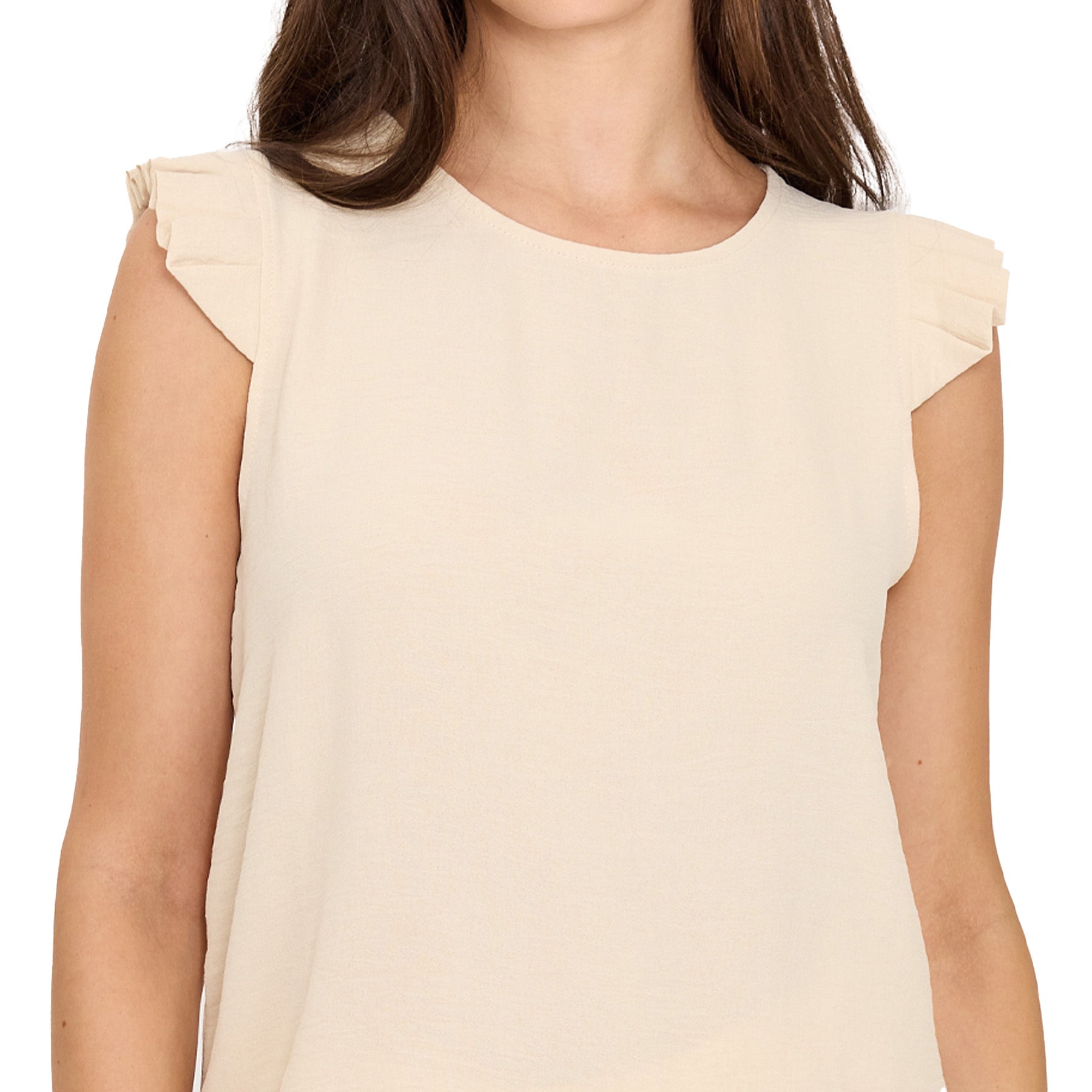 Close-up of beige viscose sleeveless top with layered ruffle cap sleeves and round neckline