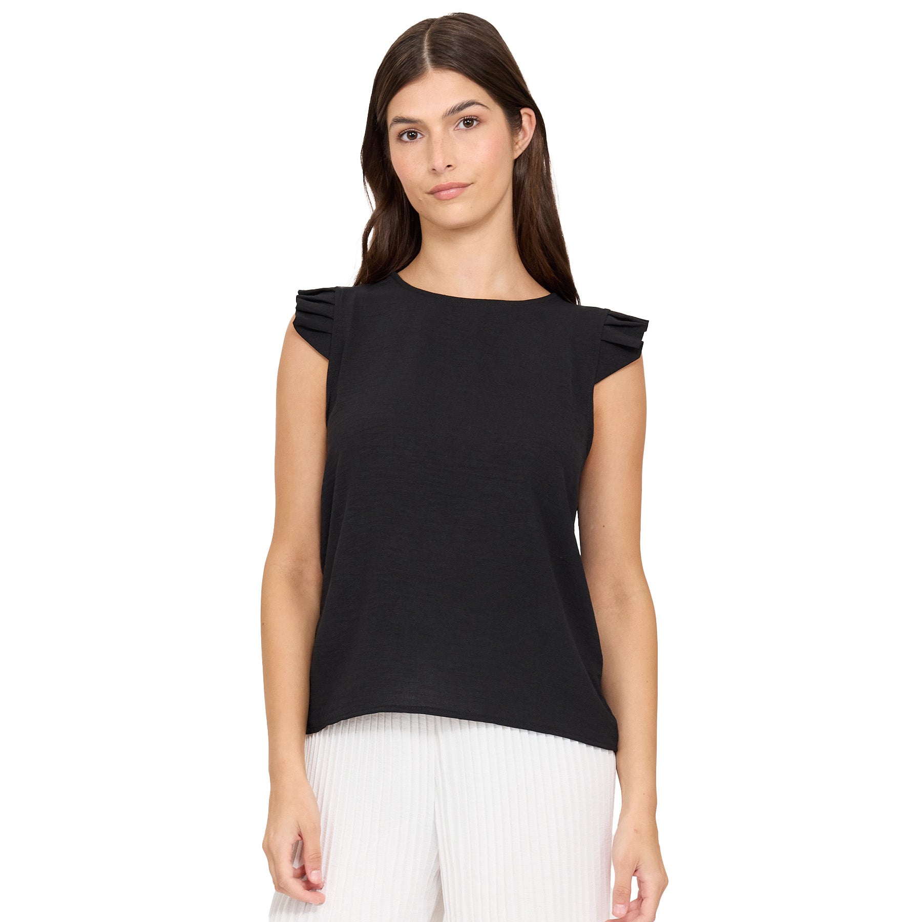 Woman wearing black sleeveless viscose top with ruffled cap sleeves and relaxed fit
