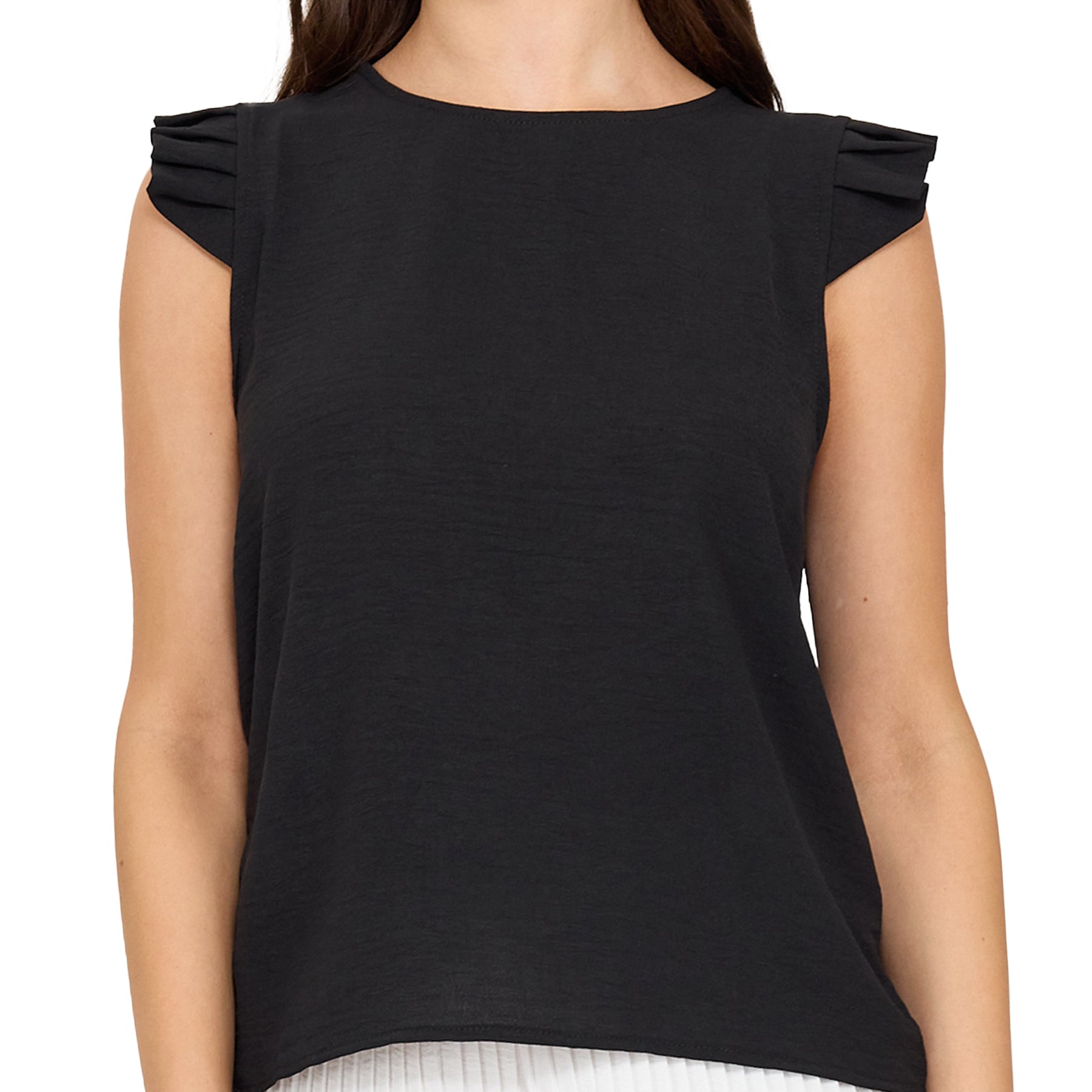 Close-up of black viscose sleeveless top featuring layered ruffle cap sleeves