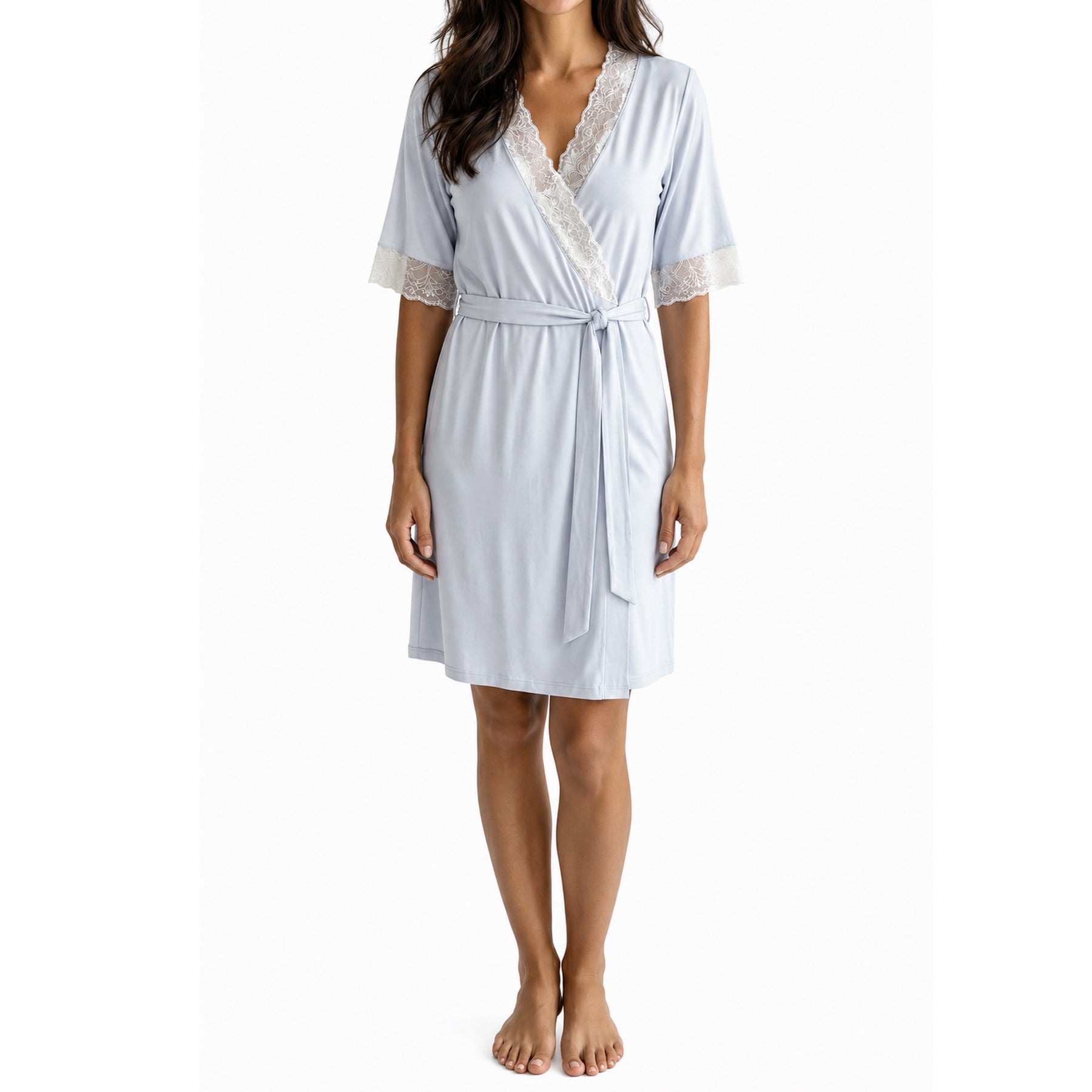 Soft light blue short robe with white lace details and tie waist, designed for comfortable and feminine sleepwear styling.