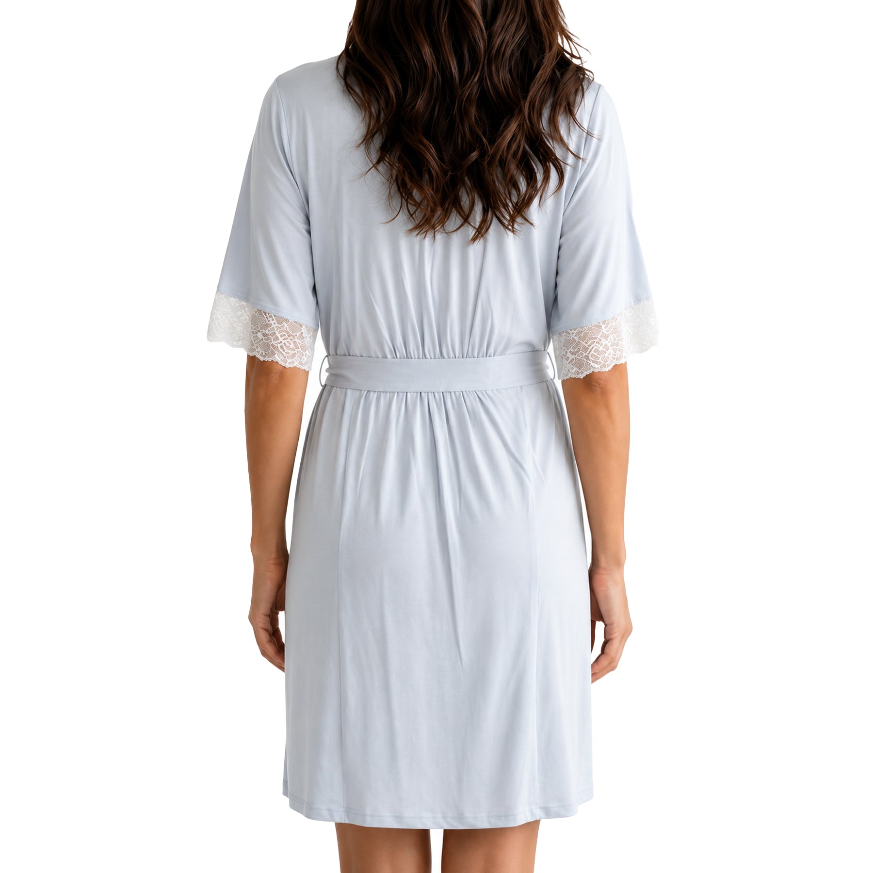 Back view of a light blue lounge robe with soft drape, waist tie detail, and lace-trim sleeves for a refined finish.