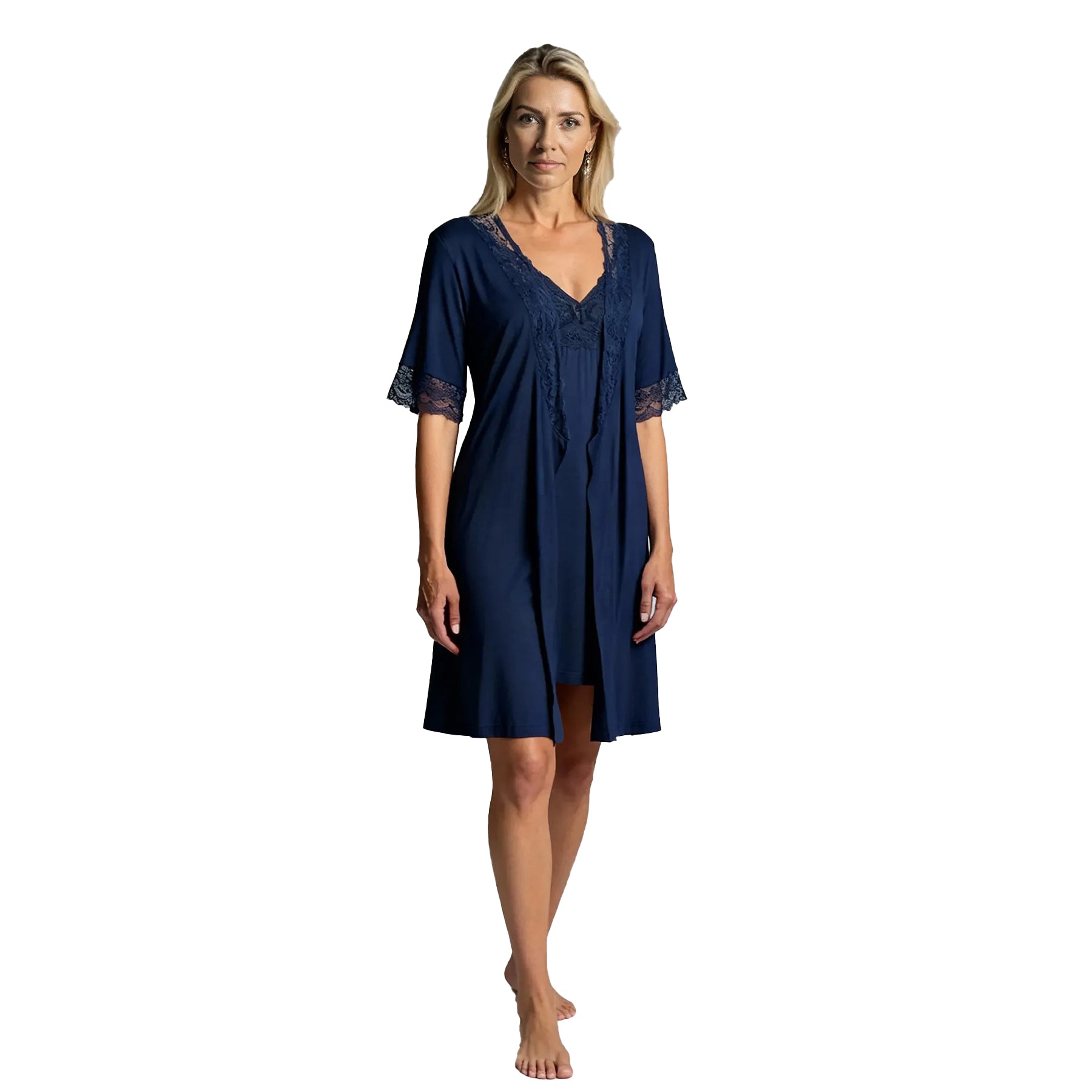 Elegant indigo blue lace-trim robe and chemise sleepwear set with soft drape and feminine detailing