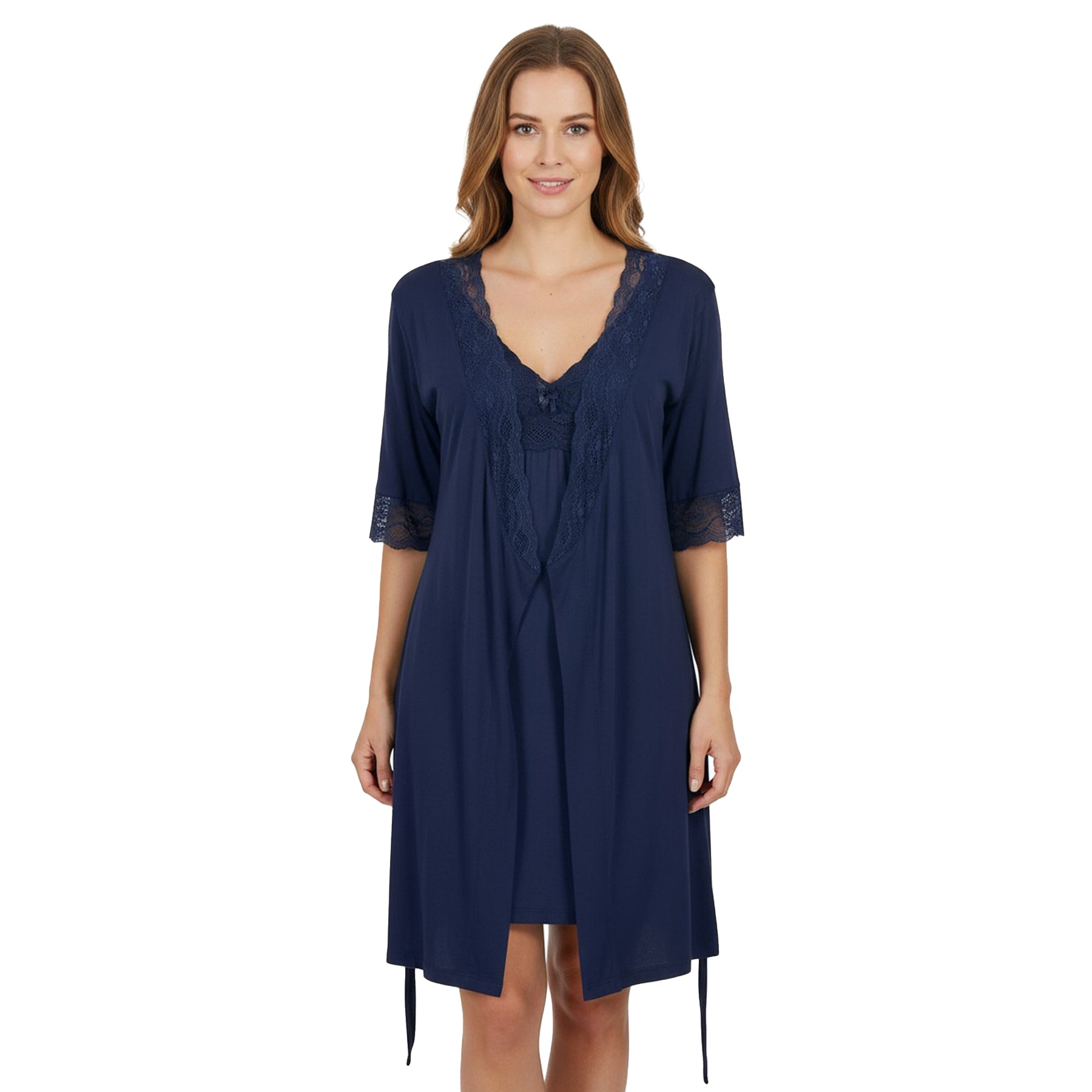 Indigo blue nightdress and matching robe set with delicate lace neckline and comfortable relaxed fit