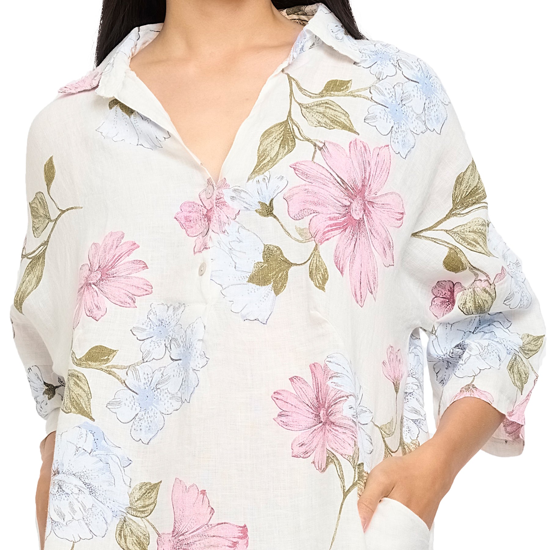 Sky pink floral printed linen dress with collar and henley button up. Front view close up on model.