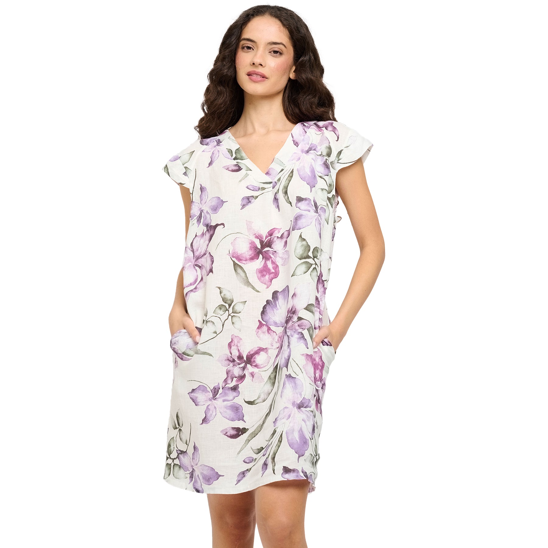 Cap Sleeve Floral Printed Linen VNeck Dress in violet/green floral. Front view on model.