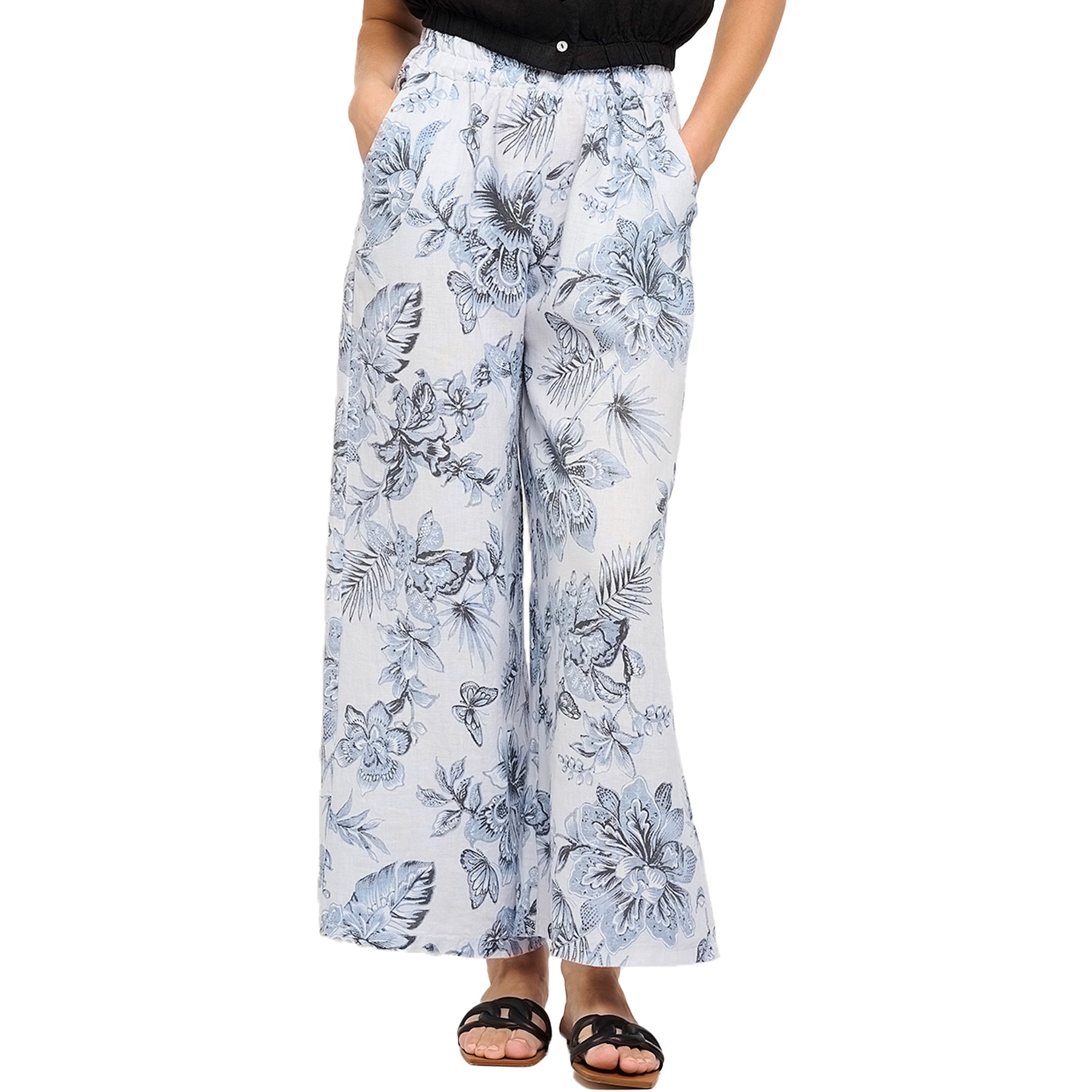 Close-up of wide-leg linen pants with soft powder blue floral print and side pockets - breezy summer style.