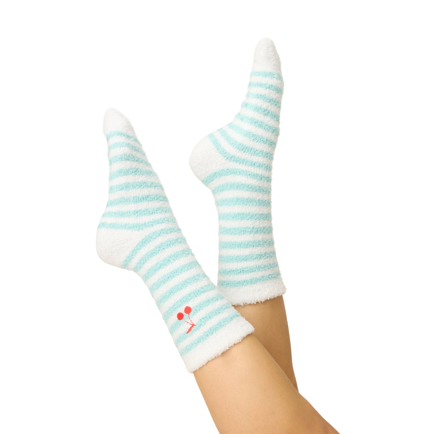 Pair of white socks with light blue stripes on a white background