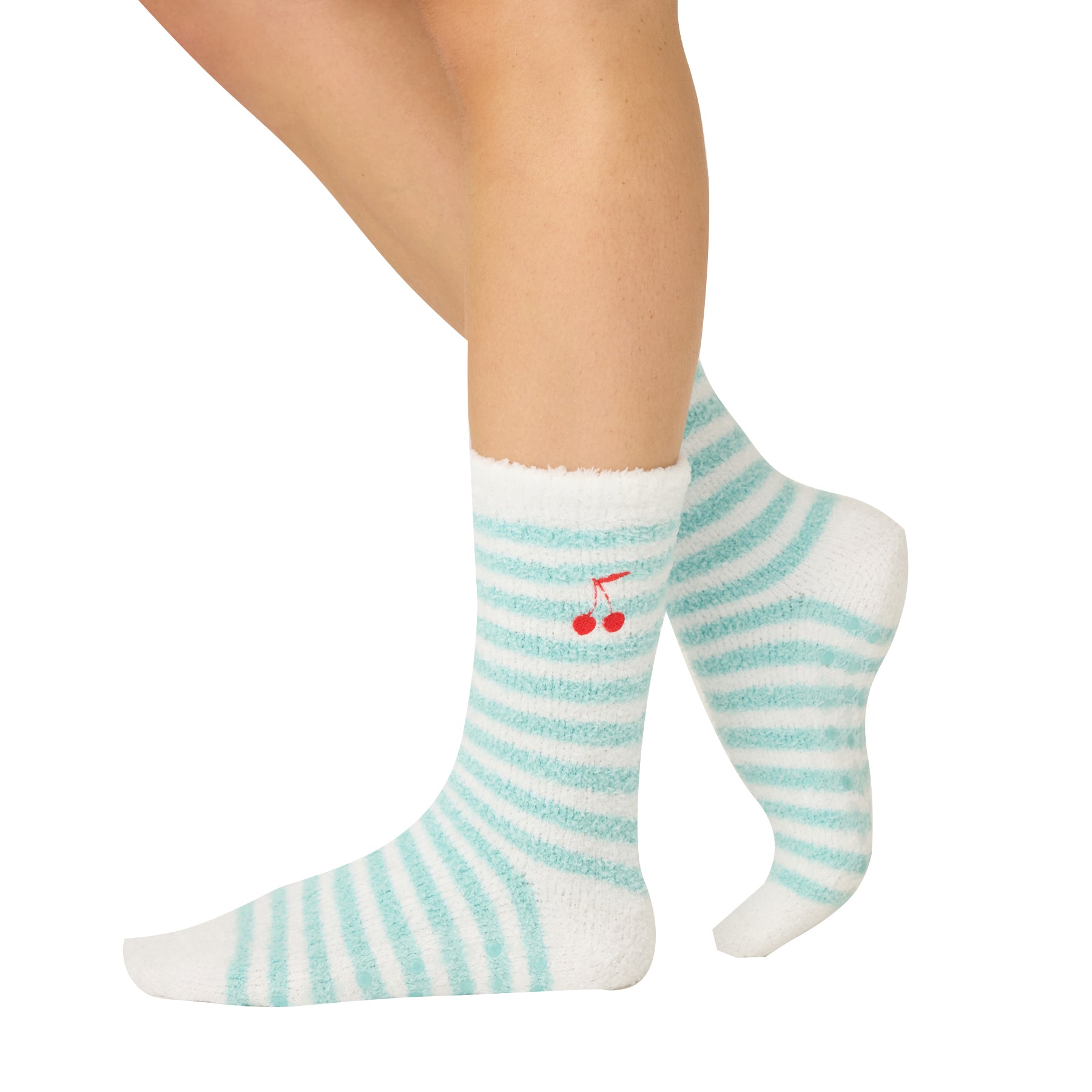 White socks with light blue stripes and a cherry design on a white background