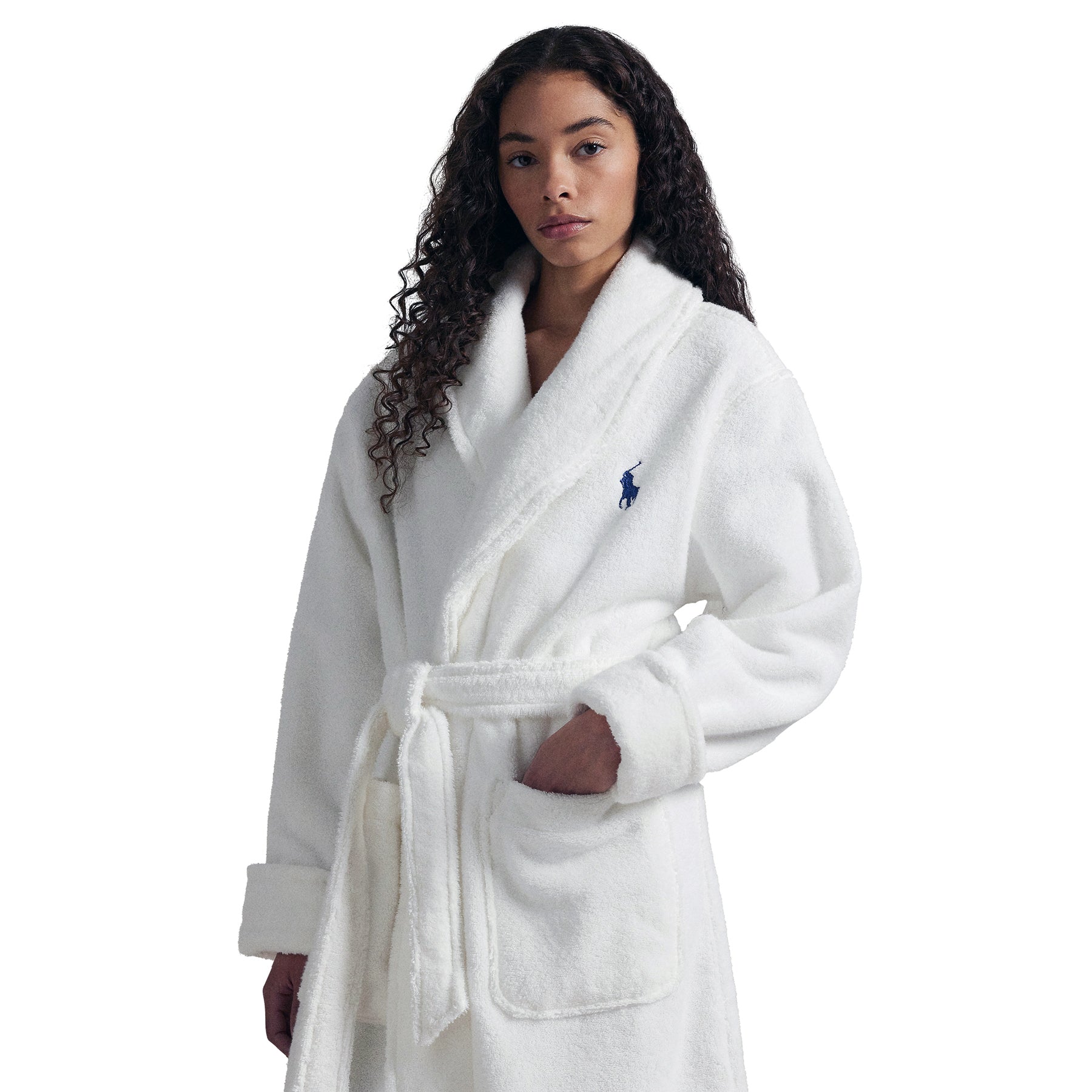 Close-up of Polo Ralph Lauren Terry Robe chest logo and collar