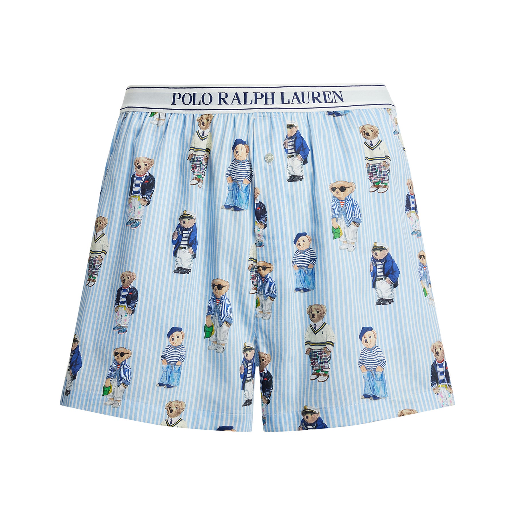 Polo Ralph Lauren Iconic Bear Sleep Boxer with blue stripe and bear print, flat lay front view