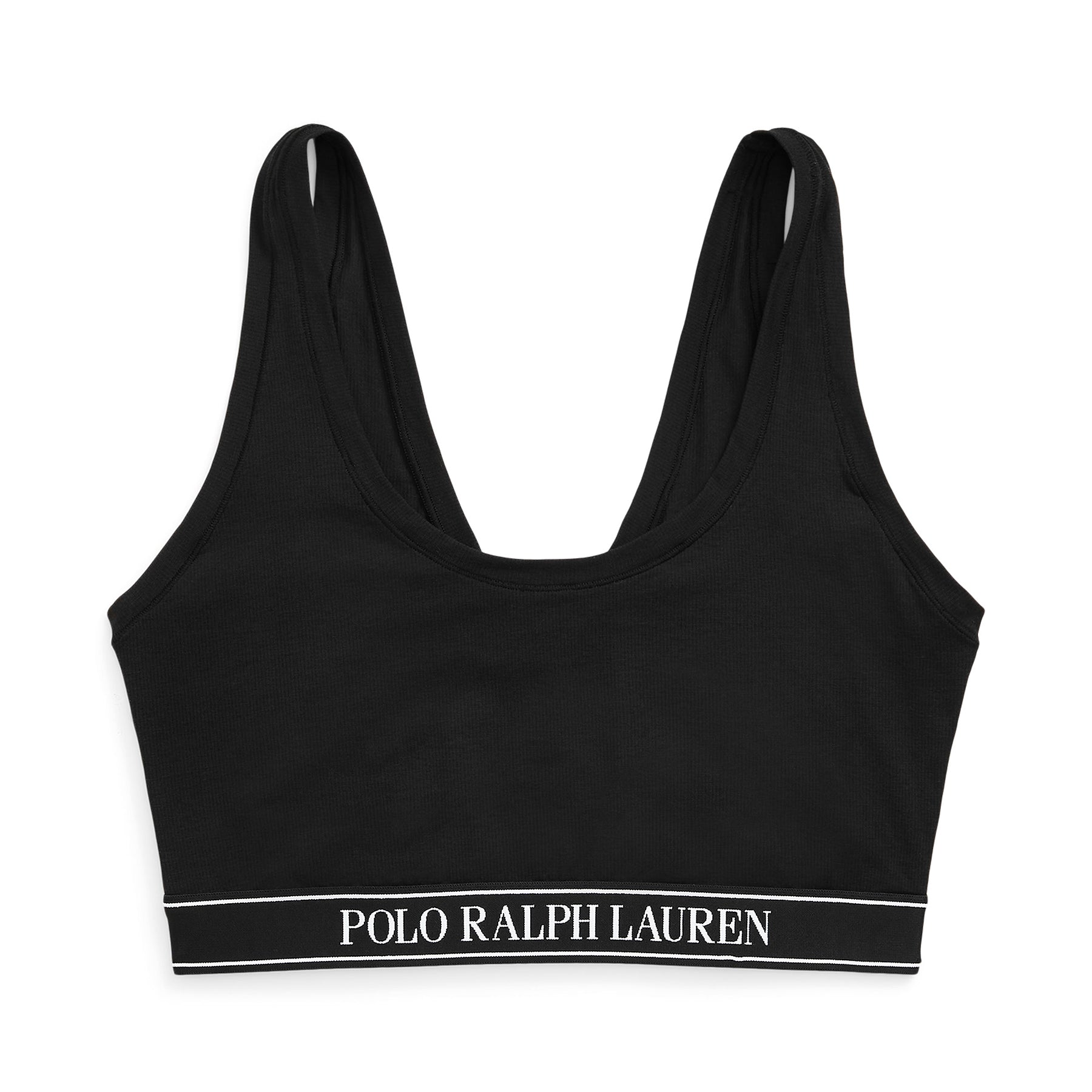 Polo Ralph Lauren onyx 004 black cropped bralette with elastic logo band, flat lay