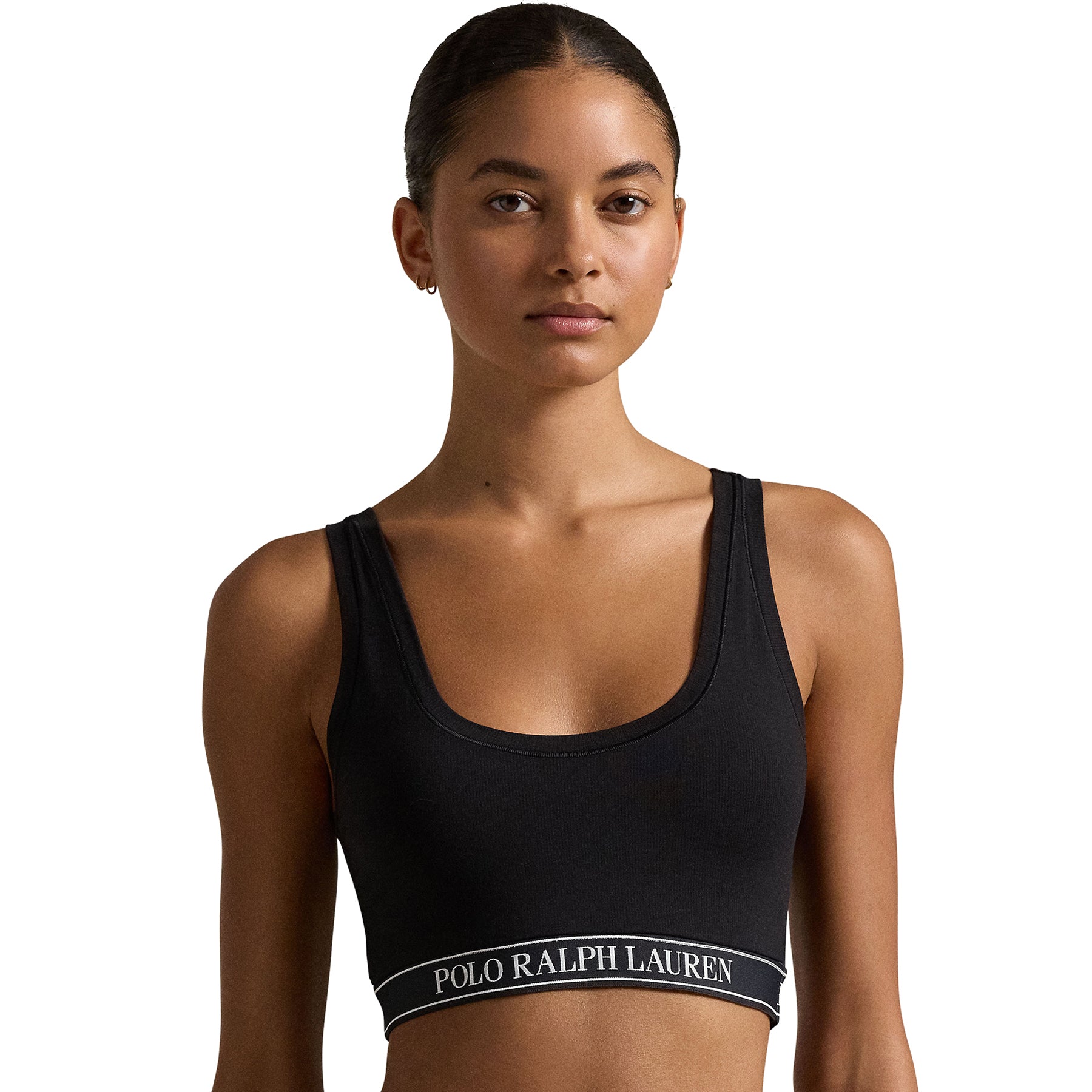 Polo Ralph Lauren women's black cropped tank bralette with elastic logo band, front view close-up