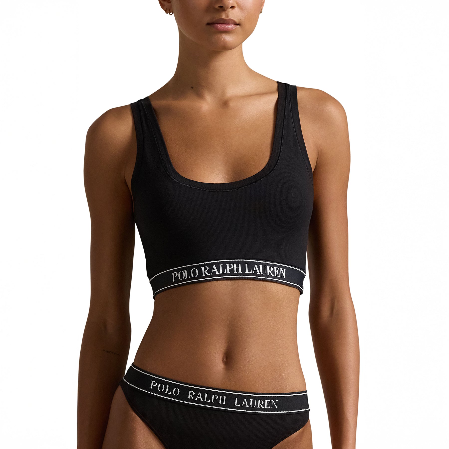 Polo Ralph Lauren women's black cropped bralette with matching logo waistband underwear, front view