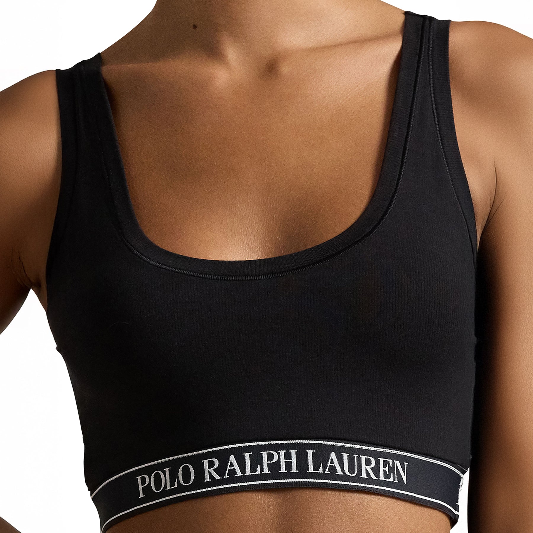 Close-up of Polo Ralph Lauren women's black tank bralette with logo elastic waistband