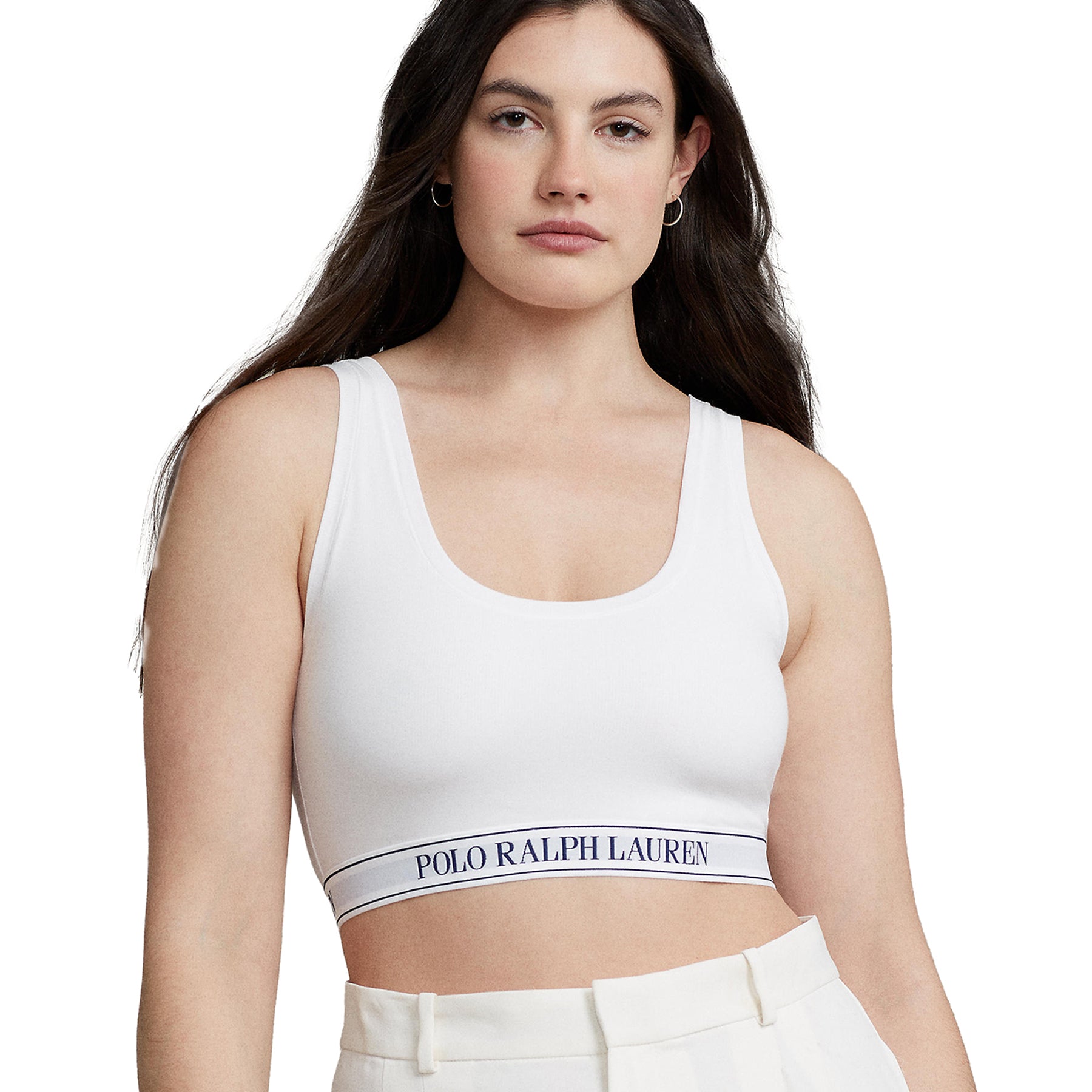 Plus-size model wearing Polo Ralph Lauren White Logo Cropped Bralette front view