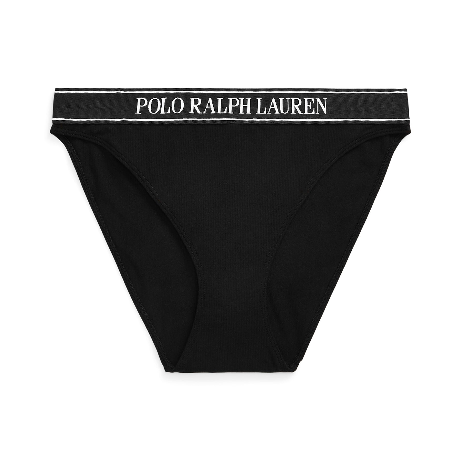 Flat lay of Polo Ralph Lauren black bikini panty with logo elastic waistband