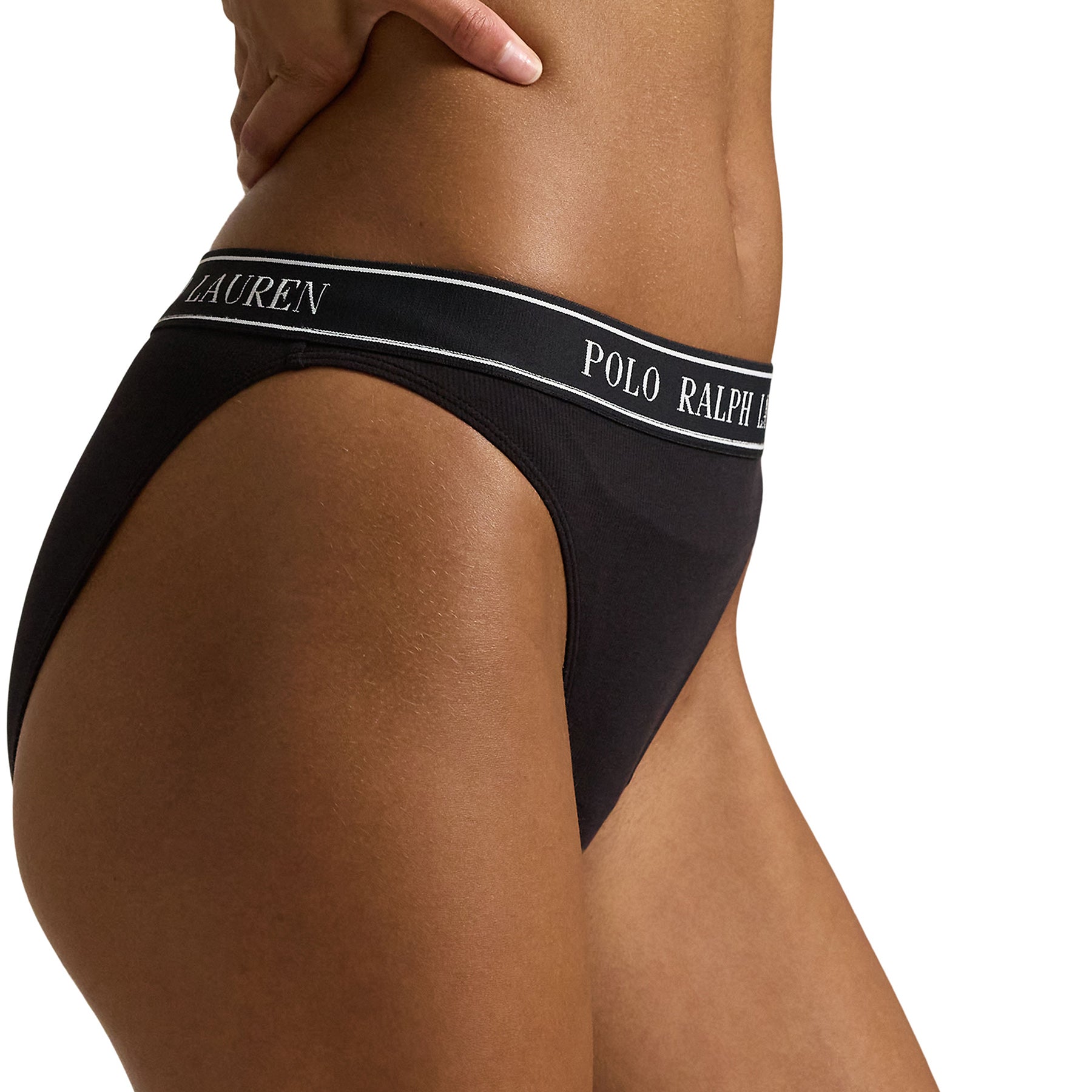 Side view of black logo elastic bikini panty