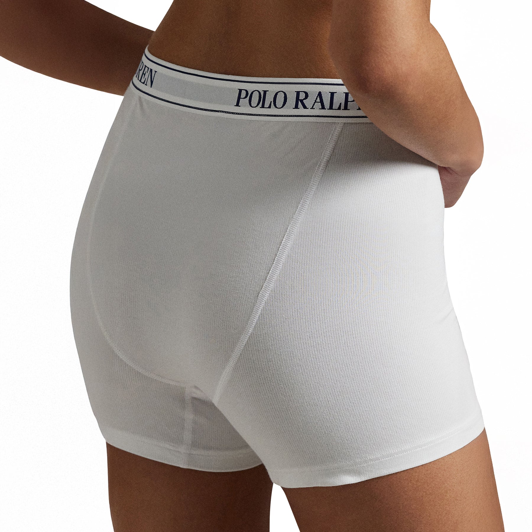 Polo Ralph Lauren White Sleep Boxer, back and side detail on model