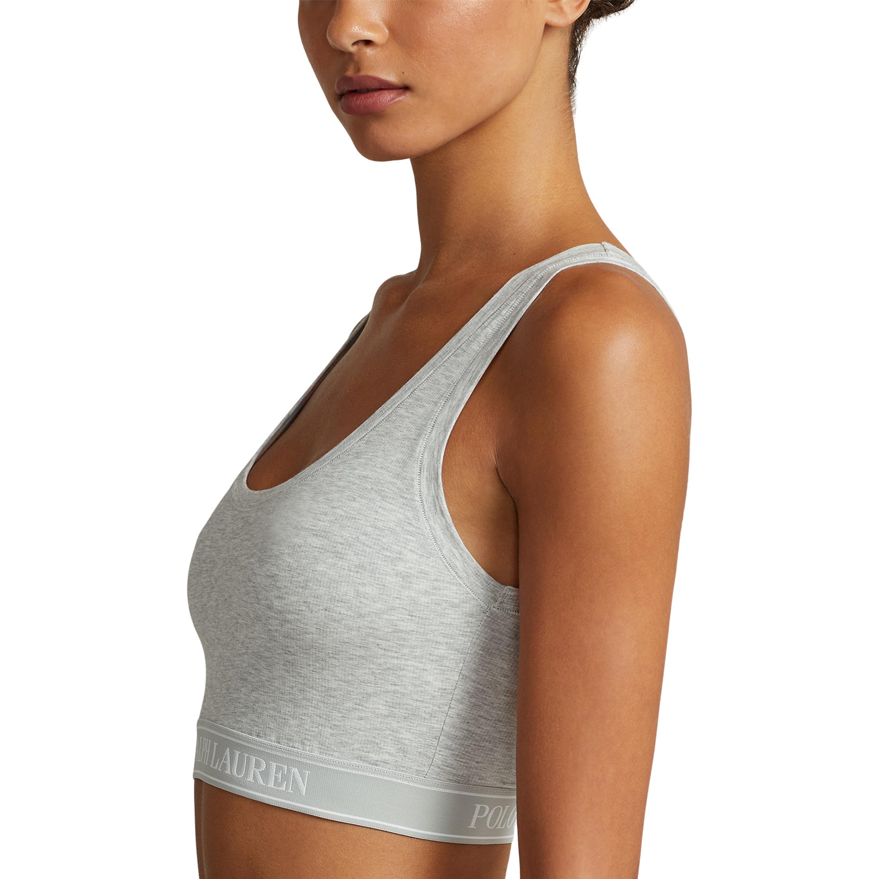 Side view of Polo Ralph Lauren heather grey cropped bralette with logo underband