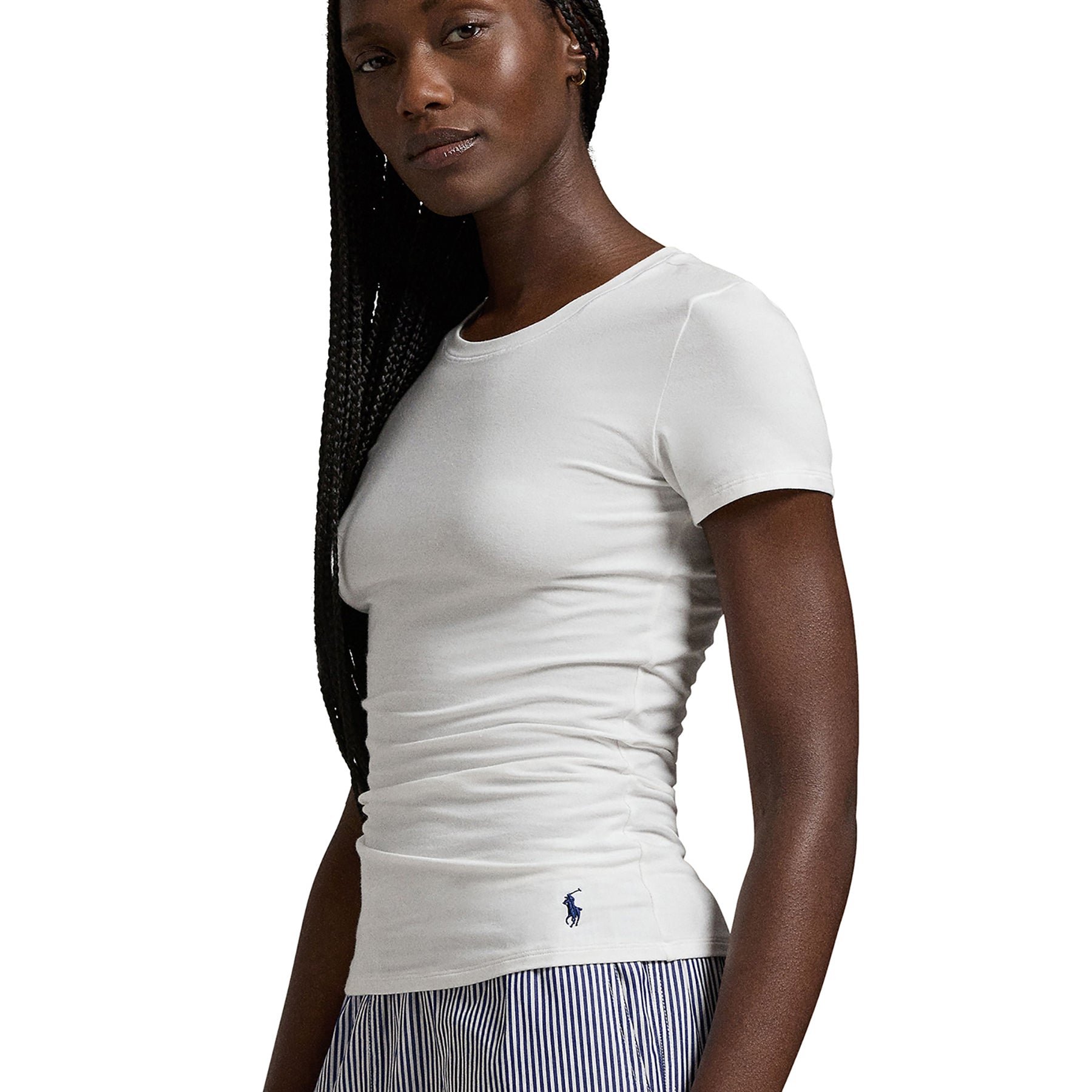Side view of Polo Ralph Lauren women's white t-shirt with embroidered Pony logo at hem