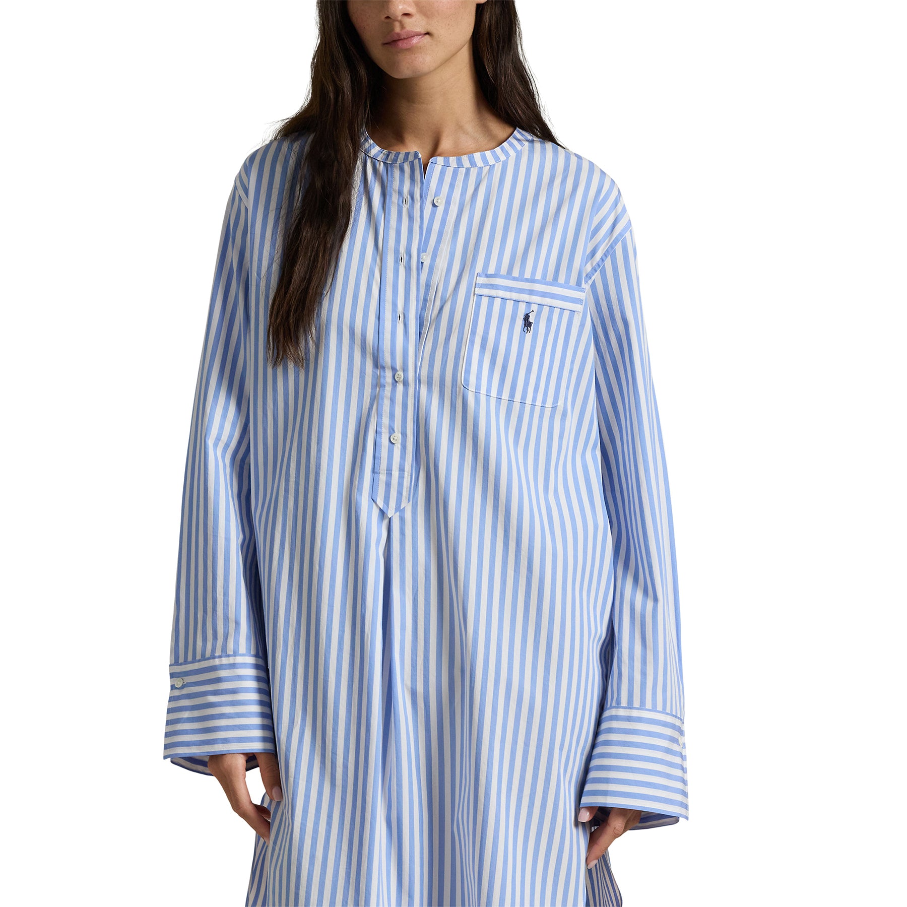 Close-up of Polo Ralph Lauren Striped Sleepshirt with mock neck and chest pocket detail