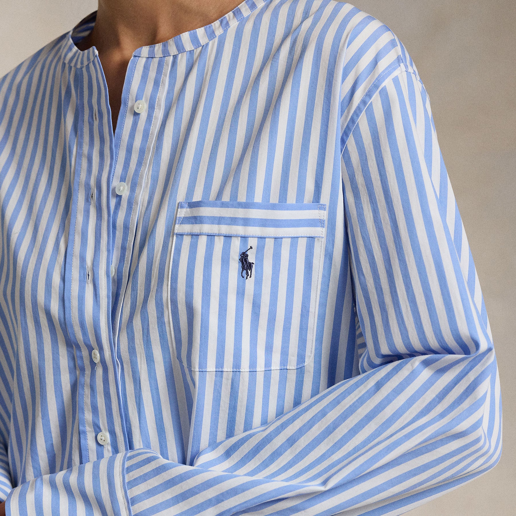 Detailed view of Polo Pony embroidered chest pocket on Polo Ralph Lauren Striped Sleepshirt