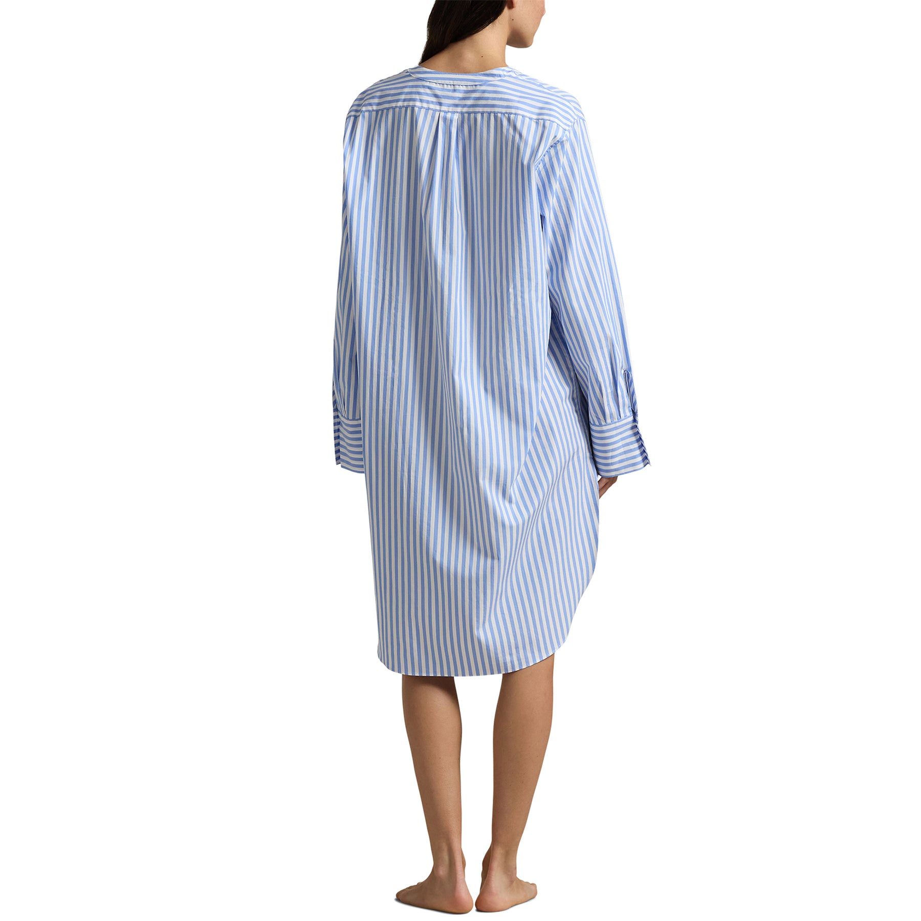 Back view of Polo Ralph Lauren Shirting Stripes Sleepshirt Tunic on model, showing high-low hem