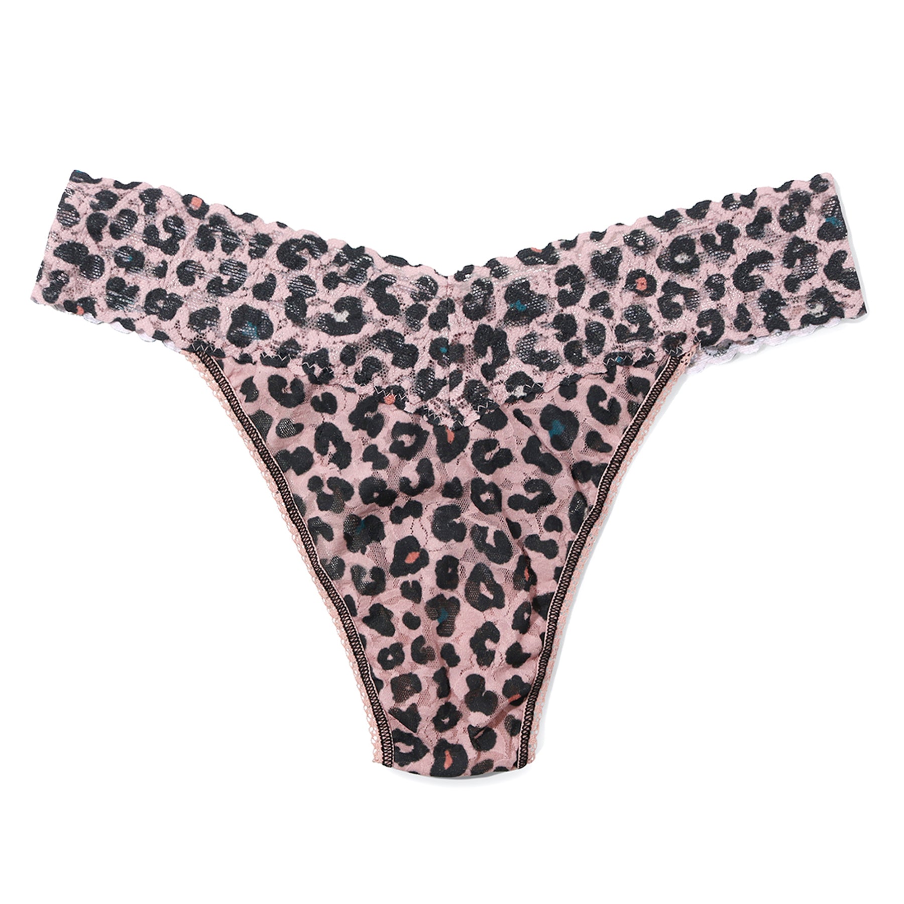 Lucky Leopard lace thong PR4811 featuring a soft pink leopard print, floral stretch lace waistband, and a flattering low-rise silhouette with minimal coverage.