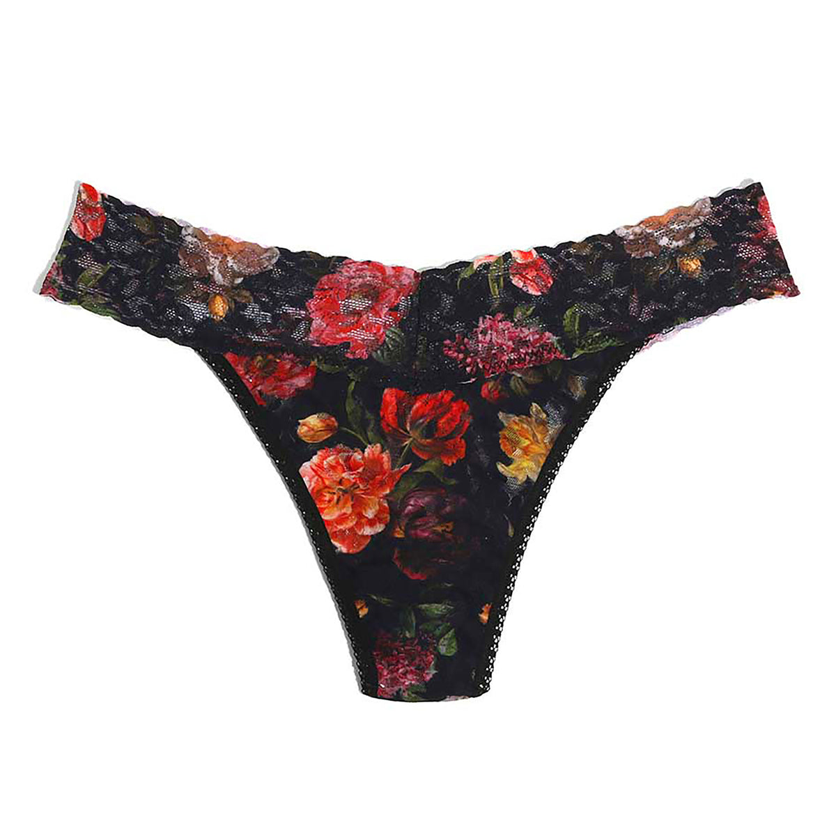 Floral lace thong in Moonlit print featuring rich red, pink and orange flowers on a dark background, front product view.
