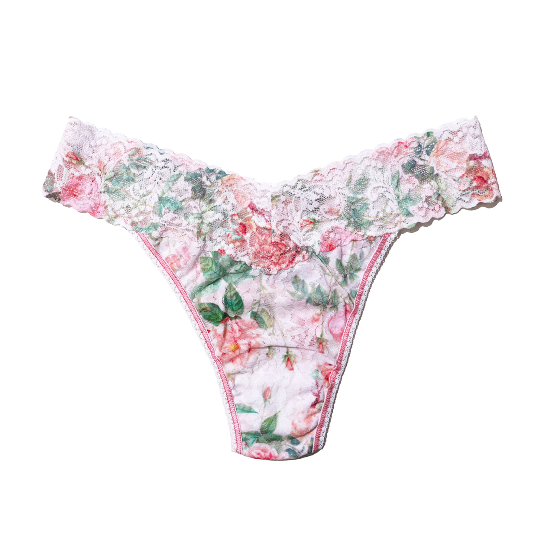 Floral lace thong in soft white with pink and green rose print, scalloped waistband and delicate stretch lace