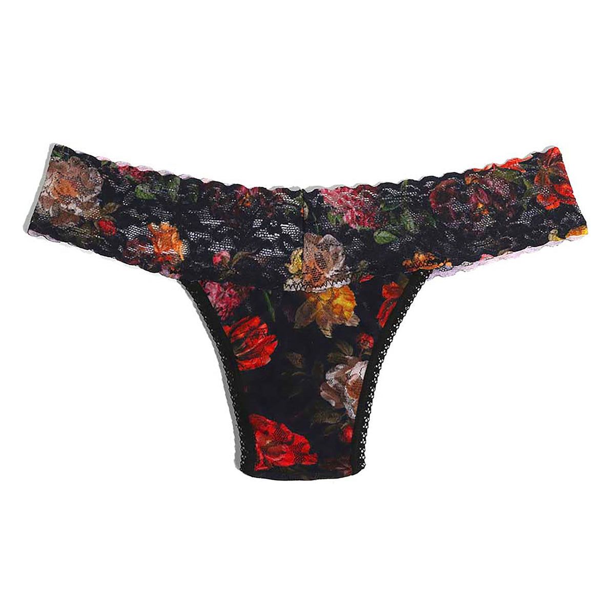 Moonlit print lace thong with multicolour floral pattern on a dark navy background, front product view.