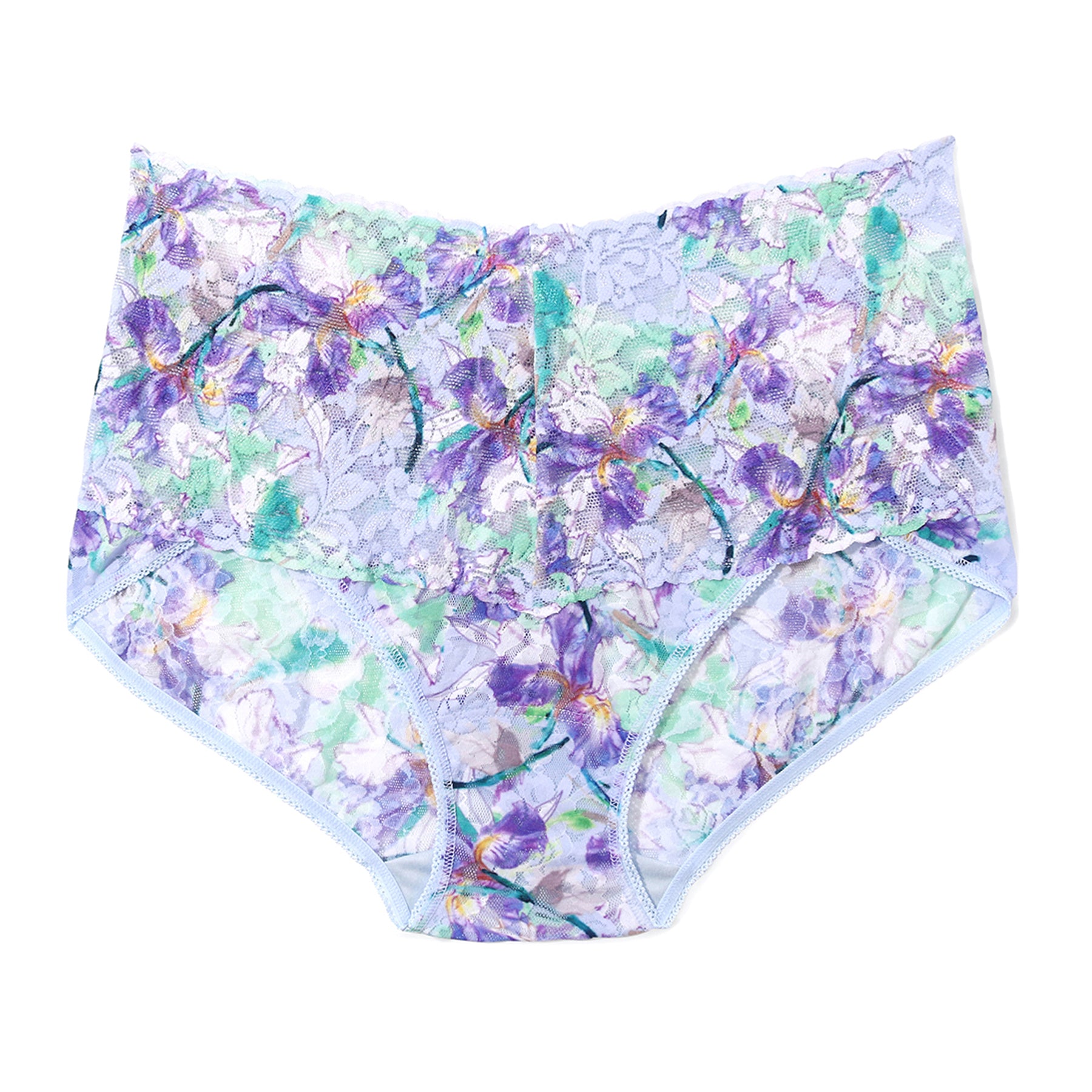 Hanky Panky Printed Brief in Plein Air, featuring a watercolor iris floral print in lavender, purple, and mint hues on soft stretch lace with a mid-rise fit and scalloped lace waistband.